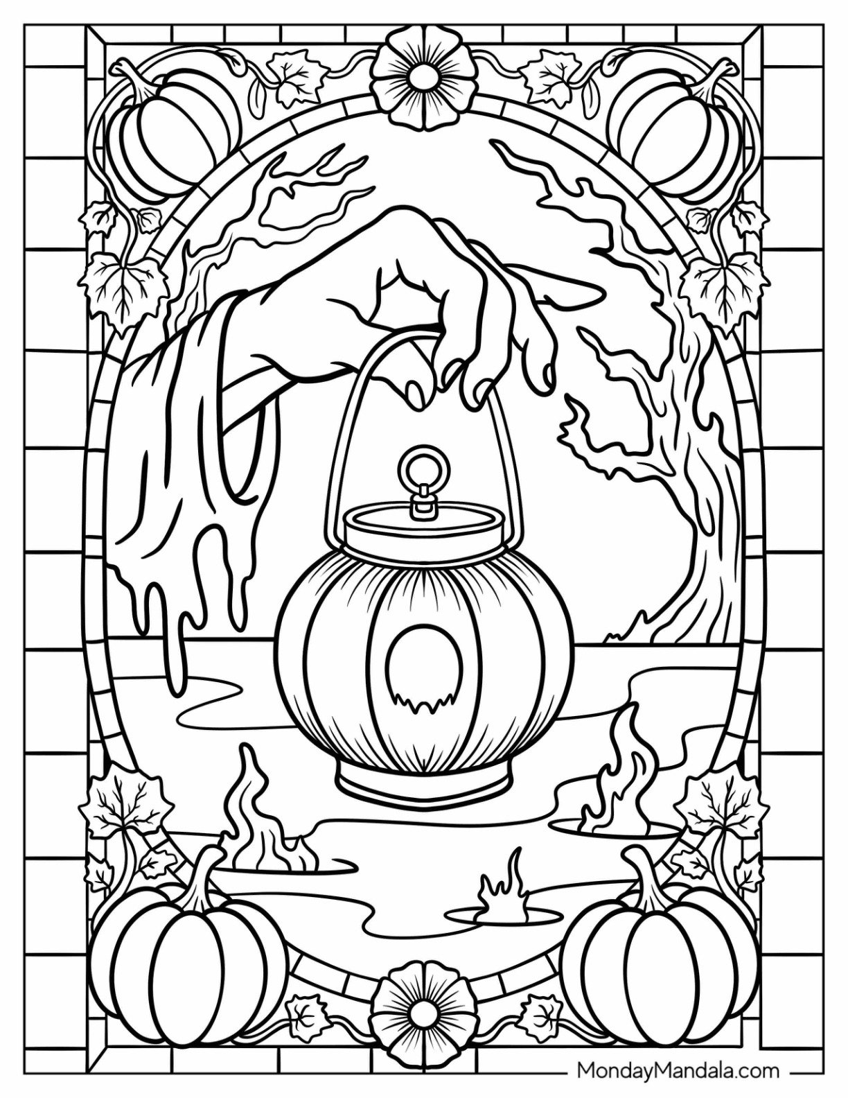Halloween Coloring Page for Adults of Creepy Hand Holding a Lantern Surrounded by Pumpkins and Flames Coloring Sheet