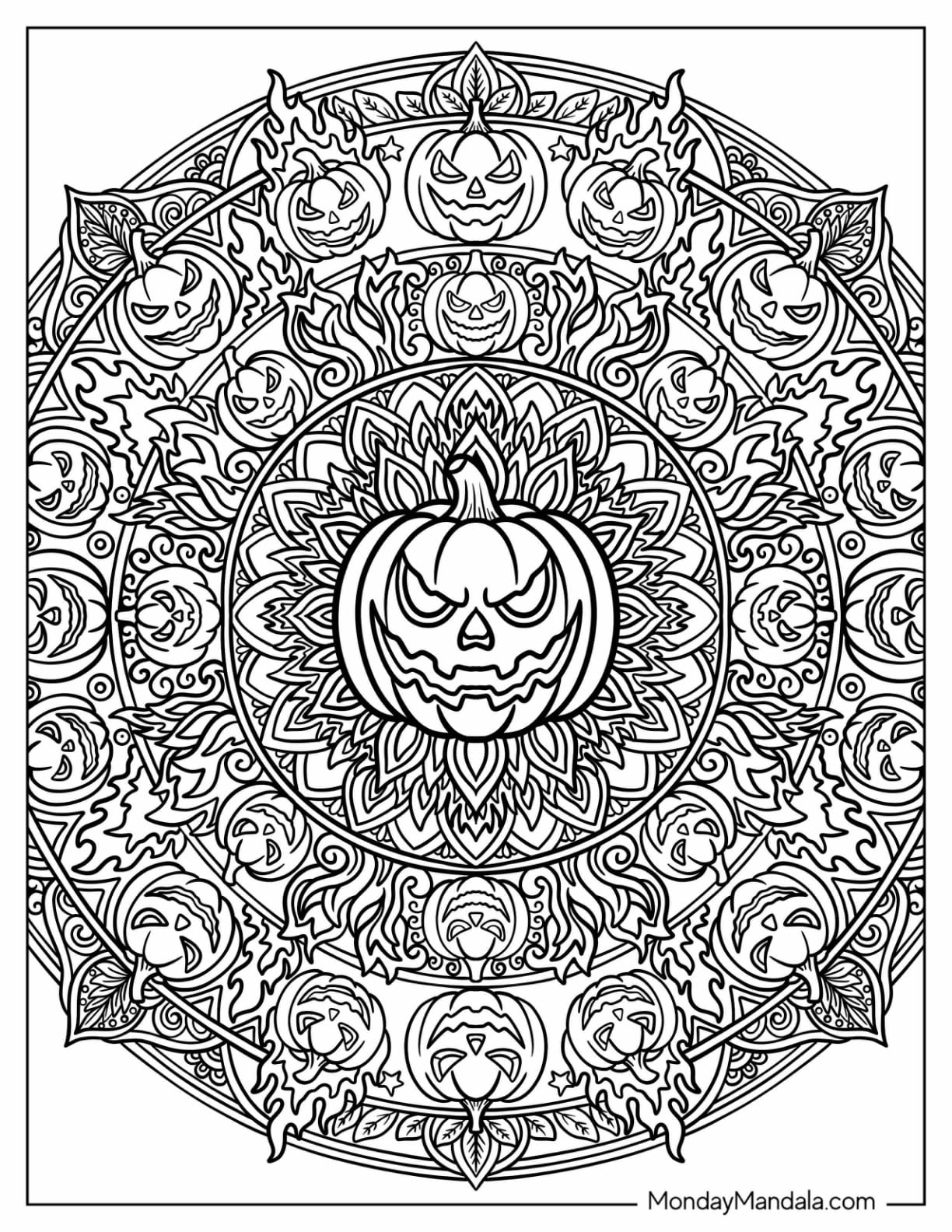 Creepy Jack O’ Lantern Mandala with Flaming Pumpkin Faces