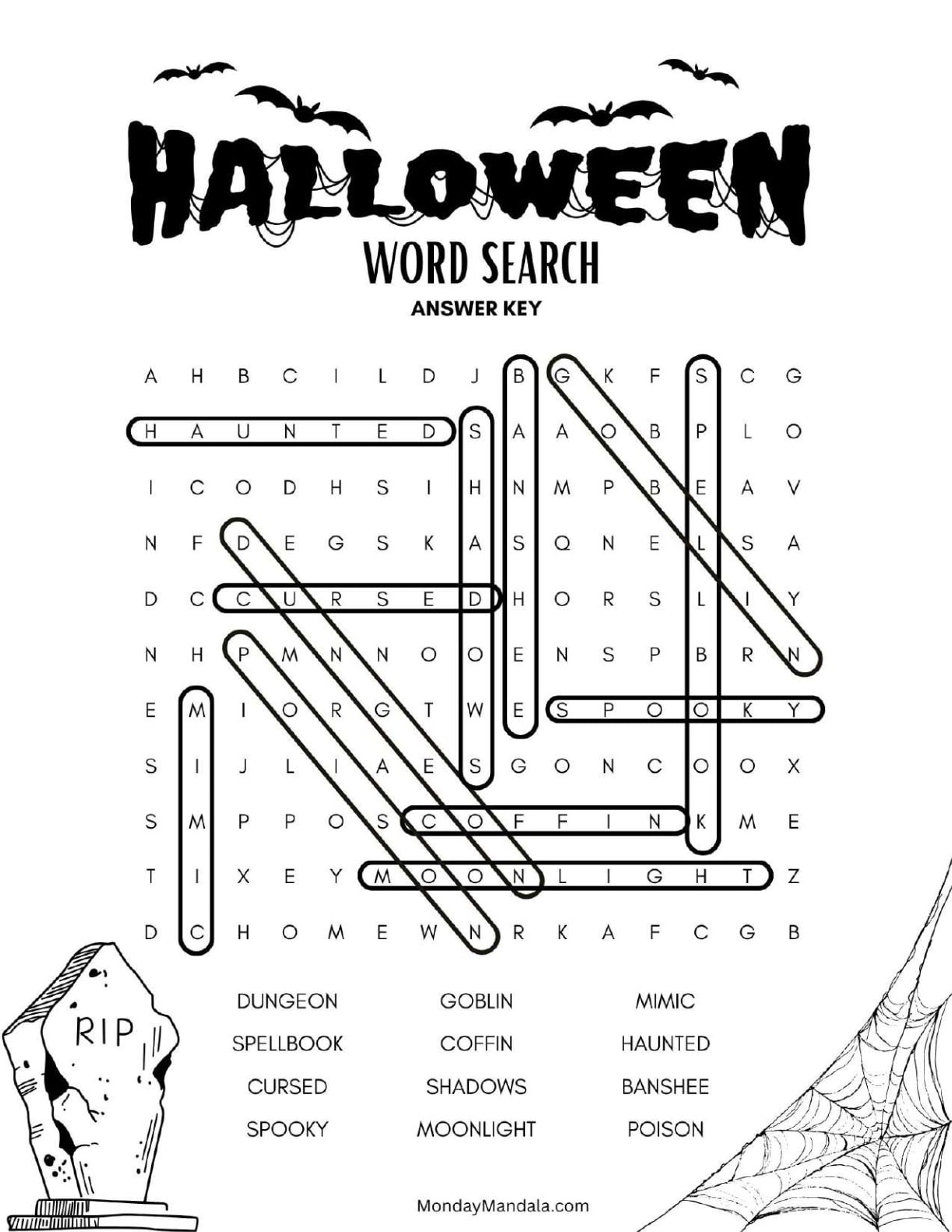 Creepy Tombstone Halloween Word Search Answer Key