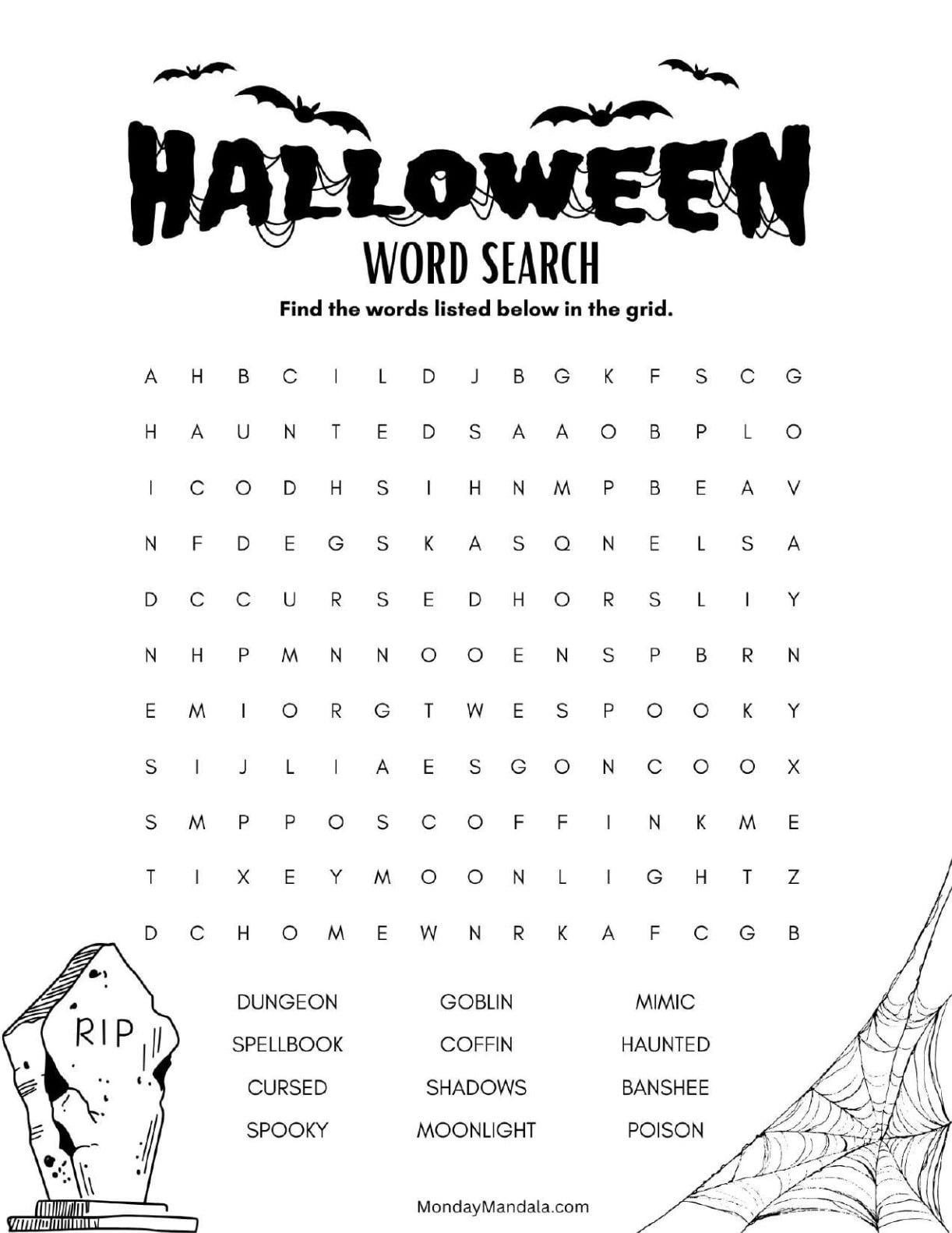 Creepy Tombstone Halloween Word Search