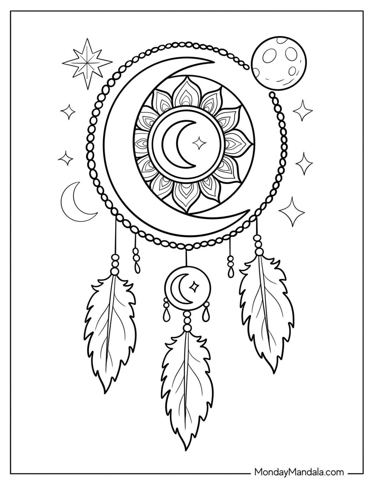Crescent Moon Coloring Page Mandala Dreamcatcher with Beads and Flowers