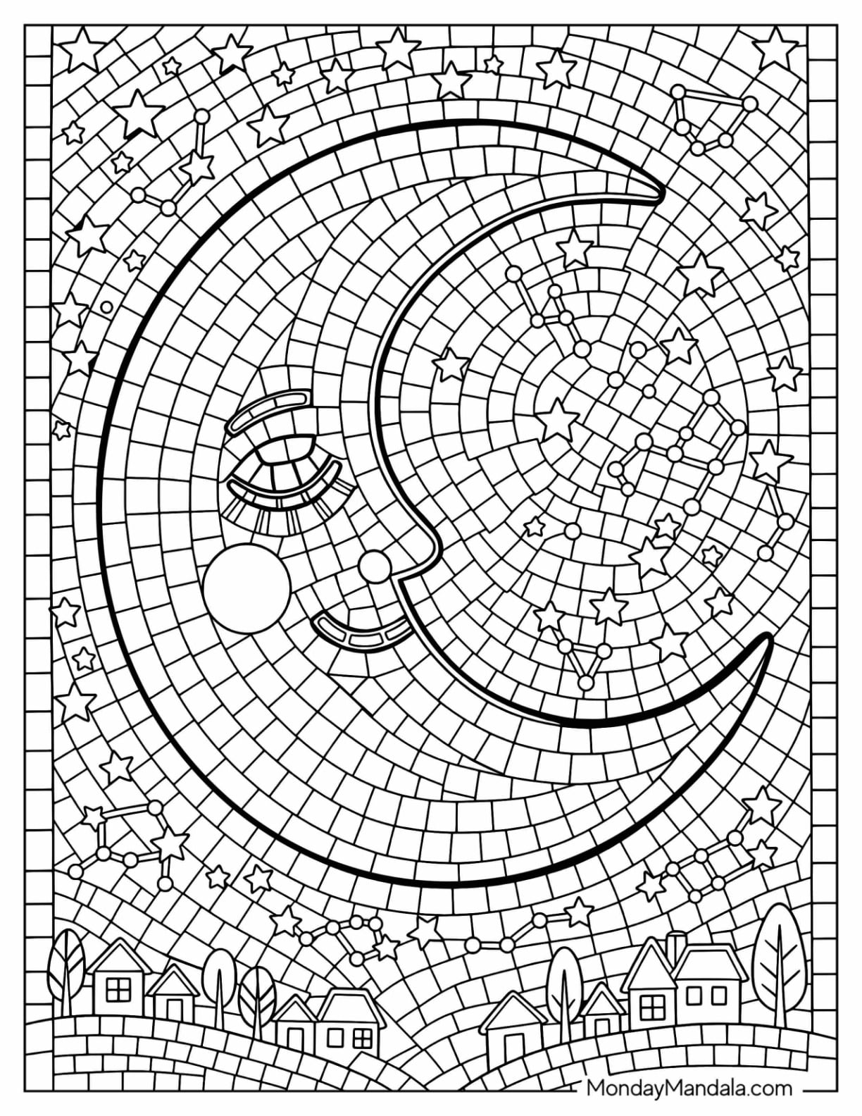 Crescent Moon Shining Above a Village Mosaic Coloring Page