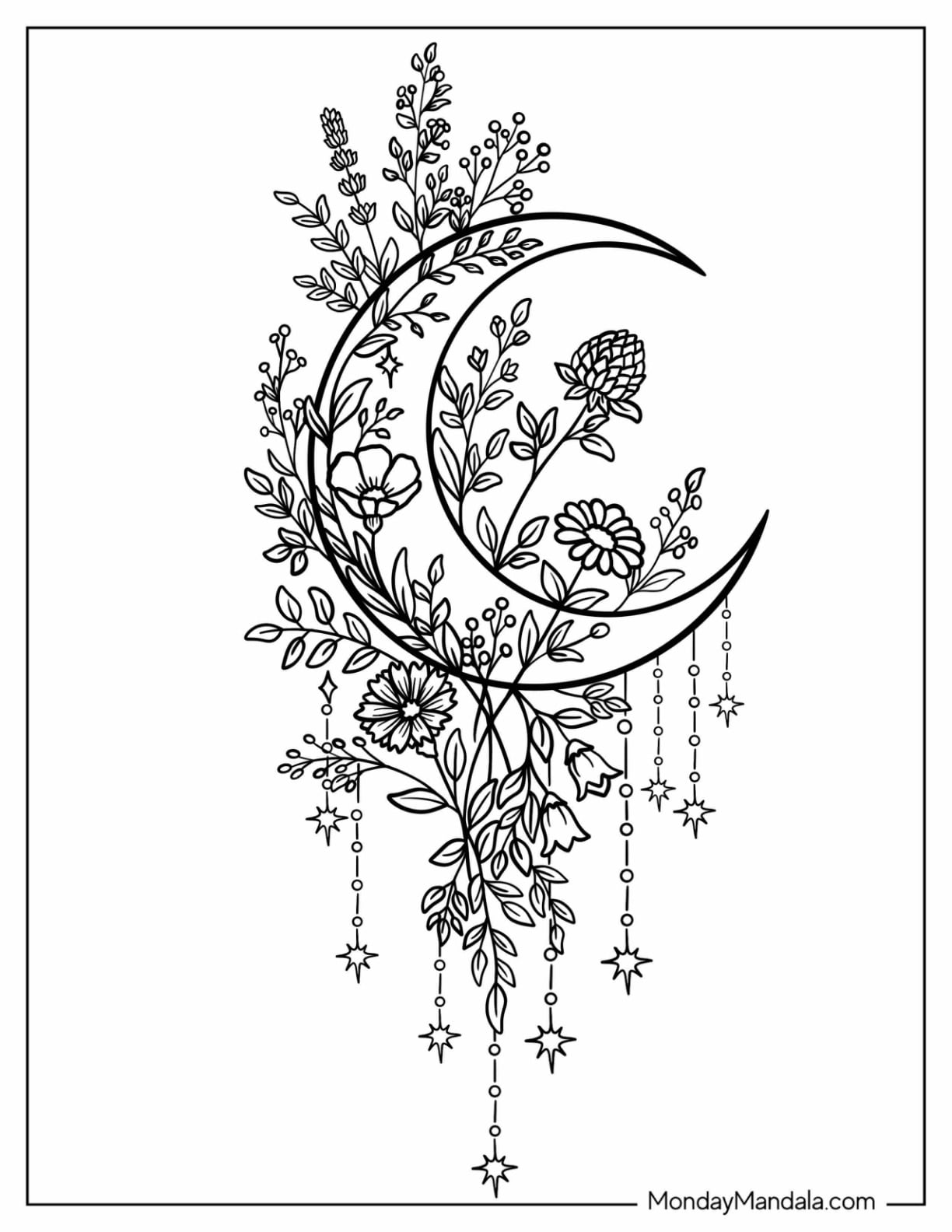 Crescent Moon with Flowers and Hanging Stars Tattoo Coloring Sheet