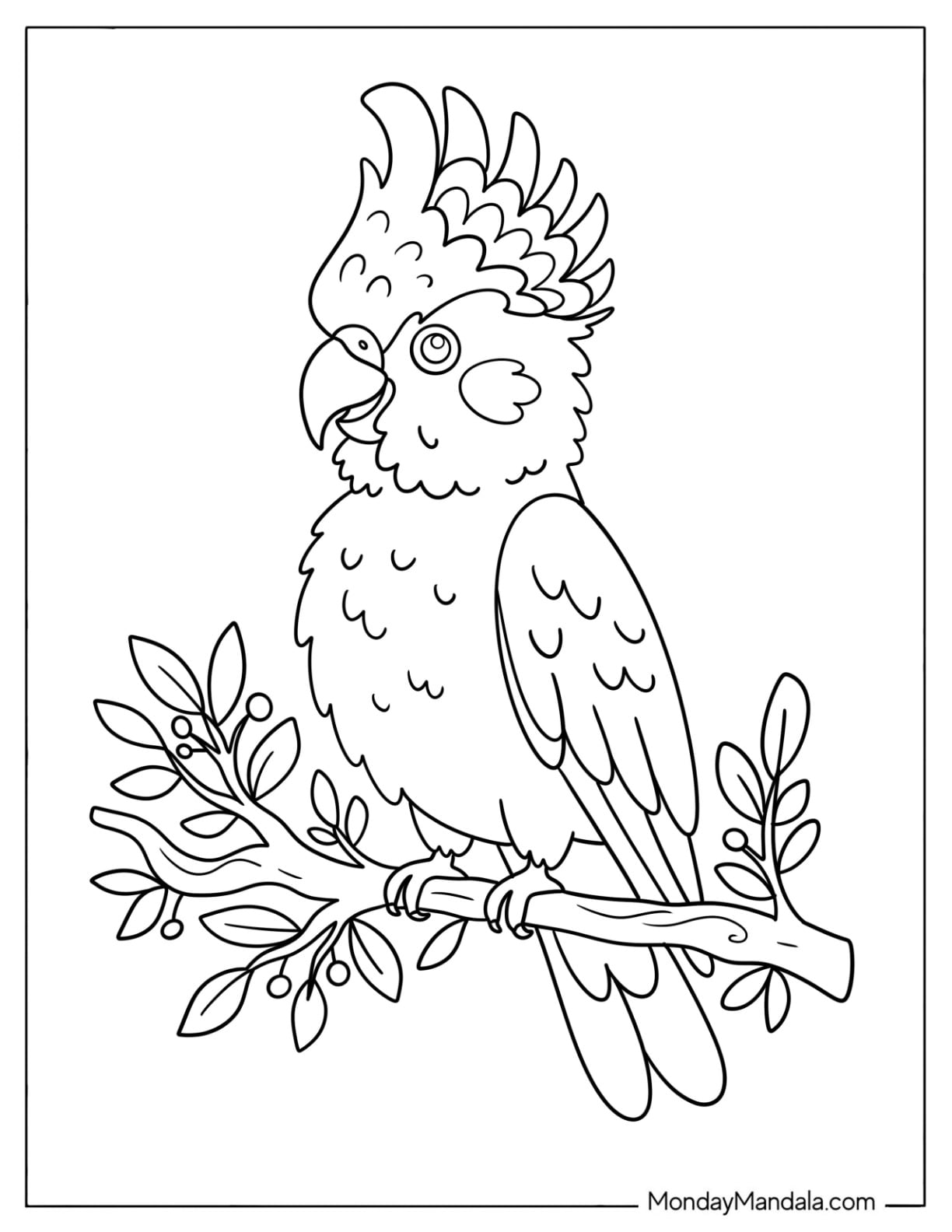 Crested Cockatoo Resting on a Branch Coloring Page for Kids