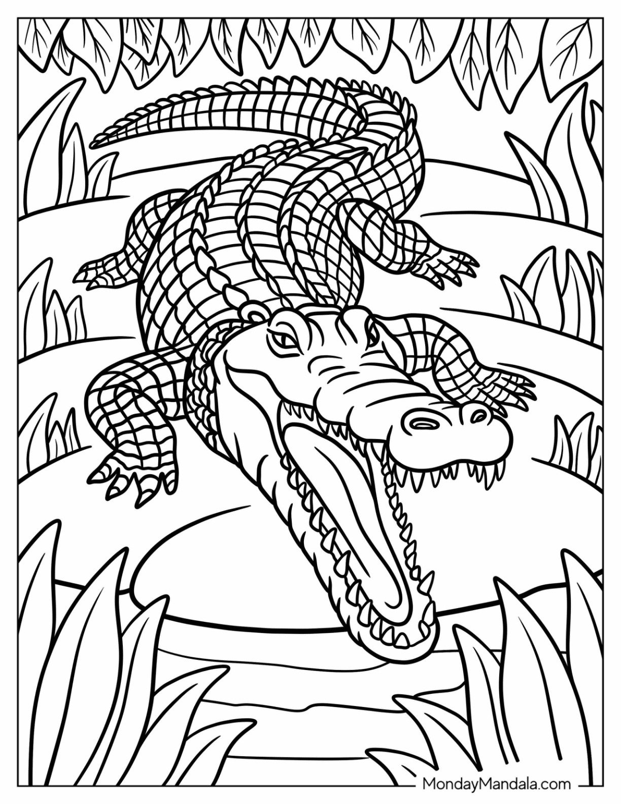 Crocodile Coloring Page Growling Near a River