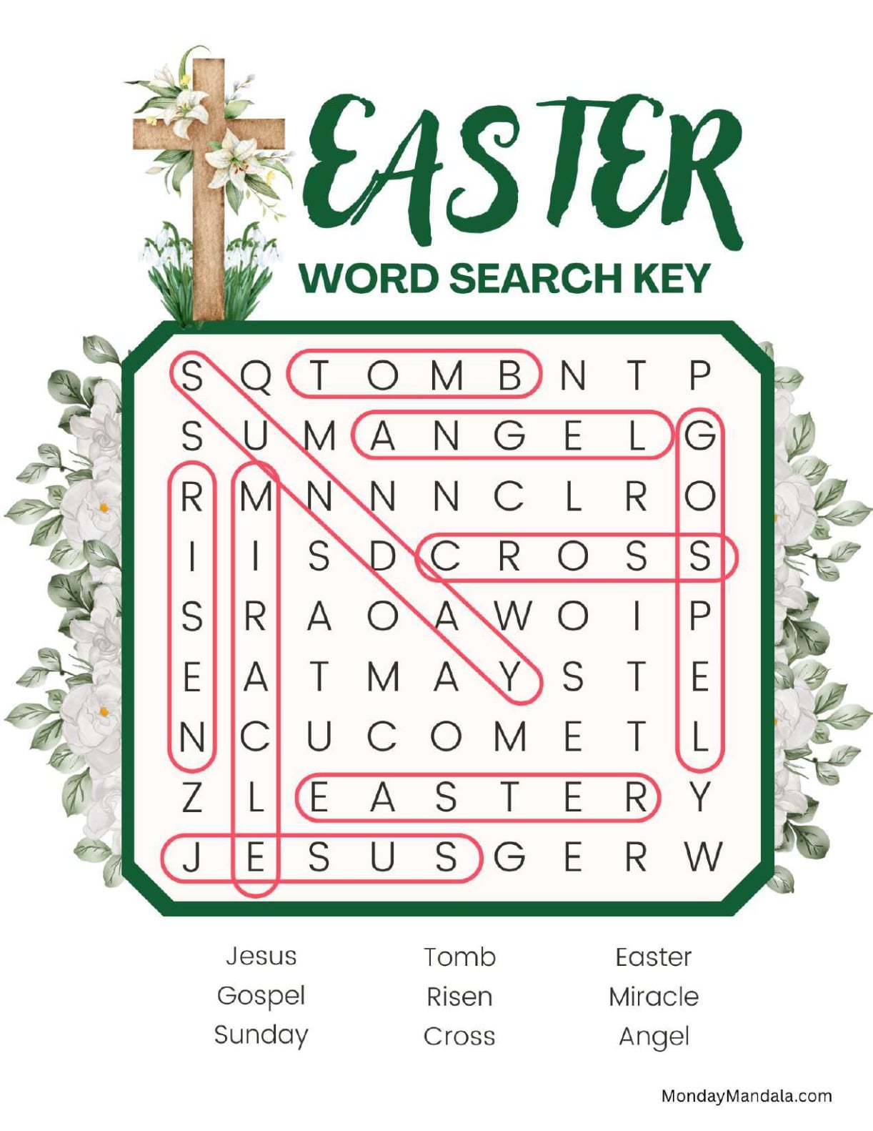 Cross With Flowers Easter Word Search Answer Key