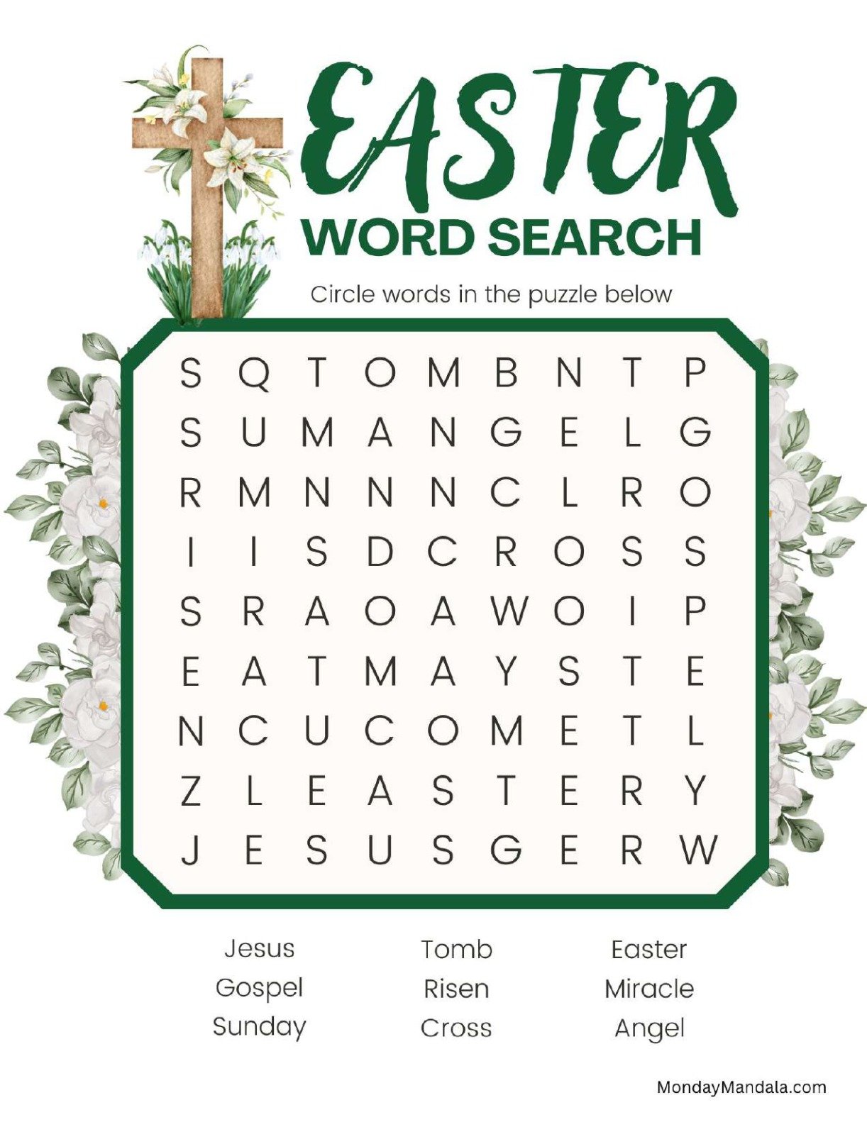Cross With Flowers Easter Word Search