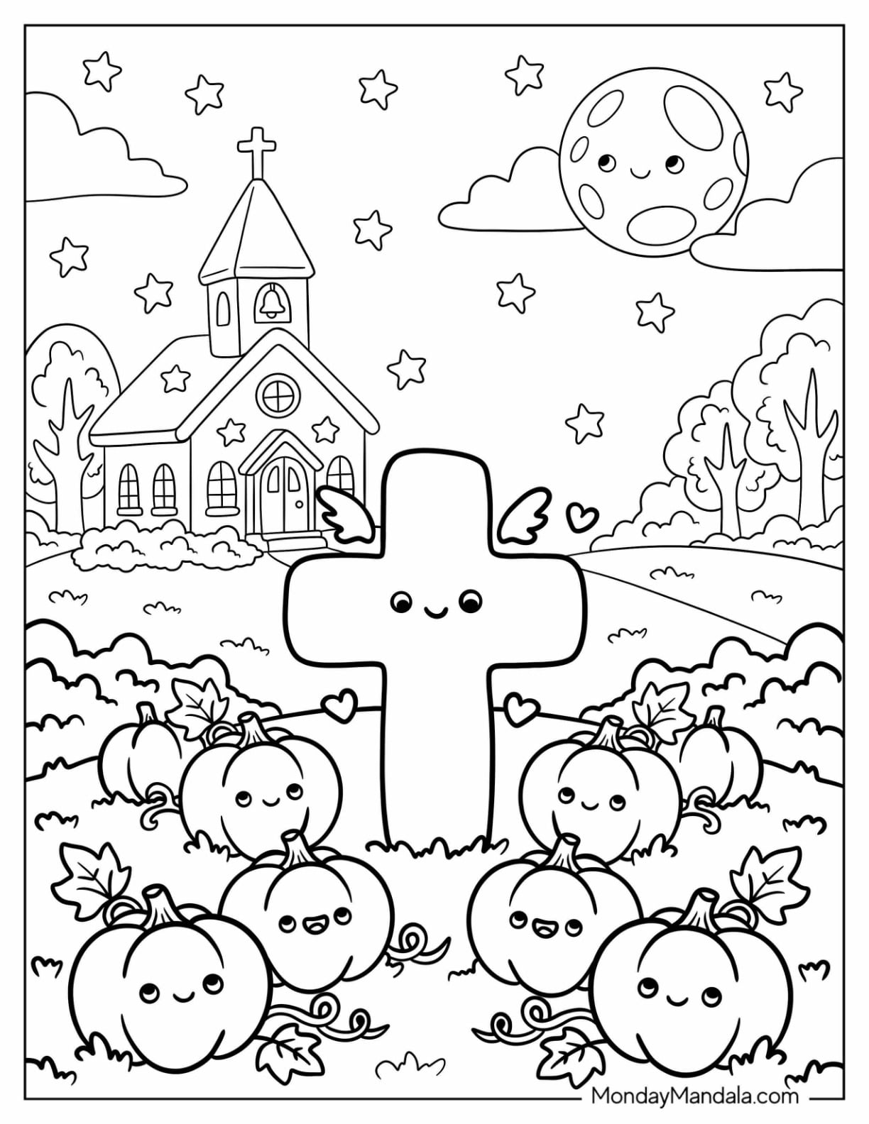 Cross with Angel Wings on a Pumpkin Patch for Christian Halloween Coloring Sheet