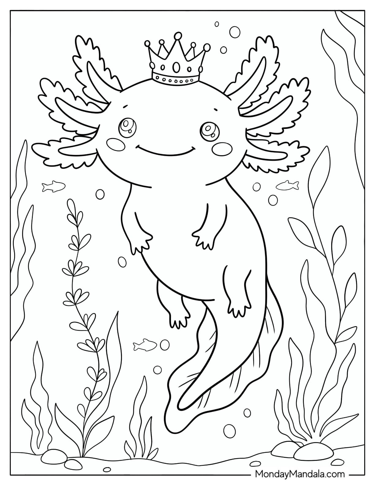 Crowned Axolotl Swimming Among Underwater Plants Coloring Page for Kids