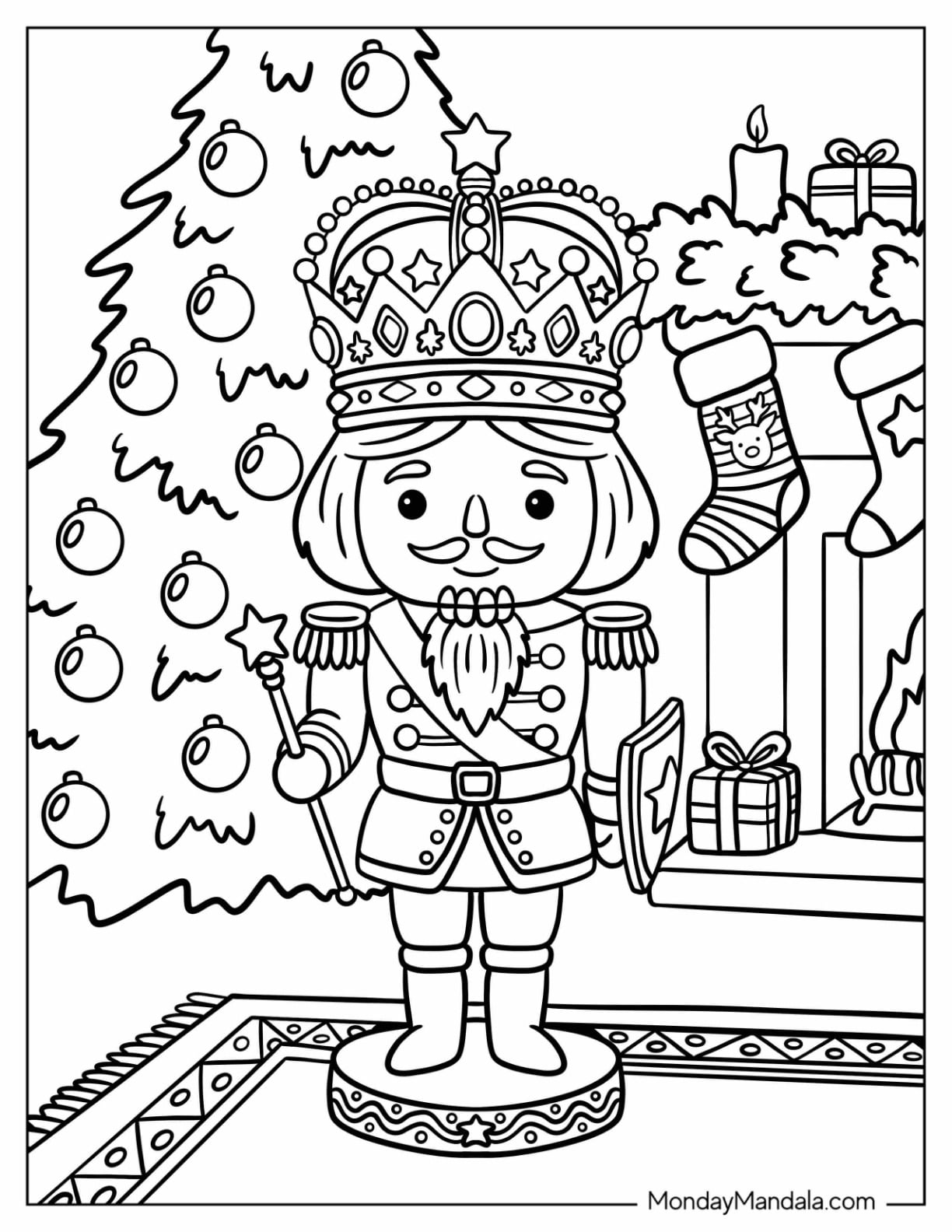 Crowned Nutcracker Holding a Star Wand by a Christmas Fireplace Coloring Sheet