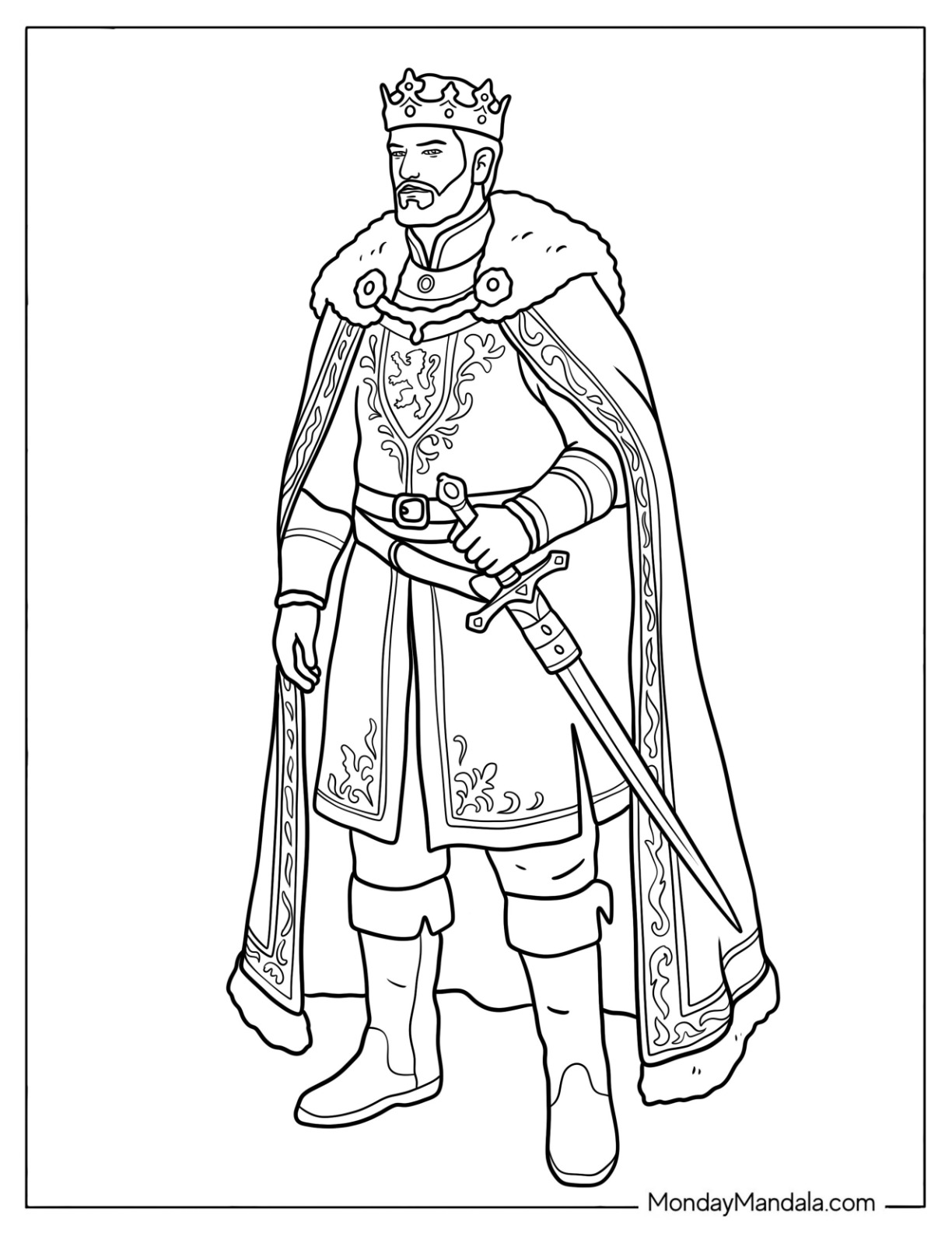 Crowned Prince Wearing a Royal Cape and Sword Coloring Page