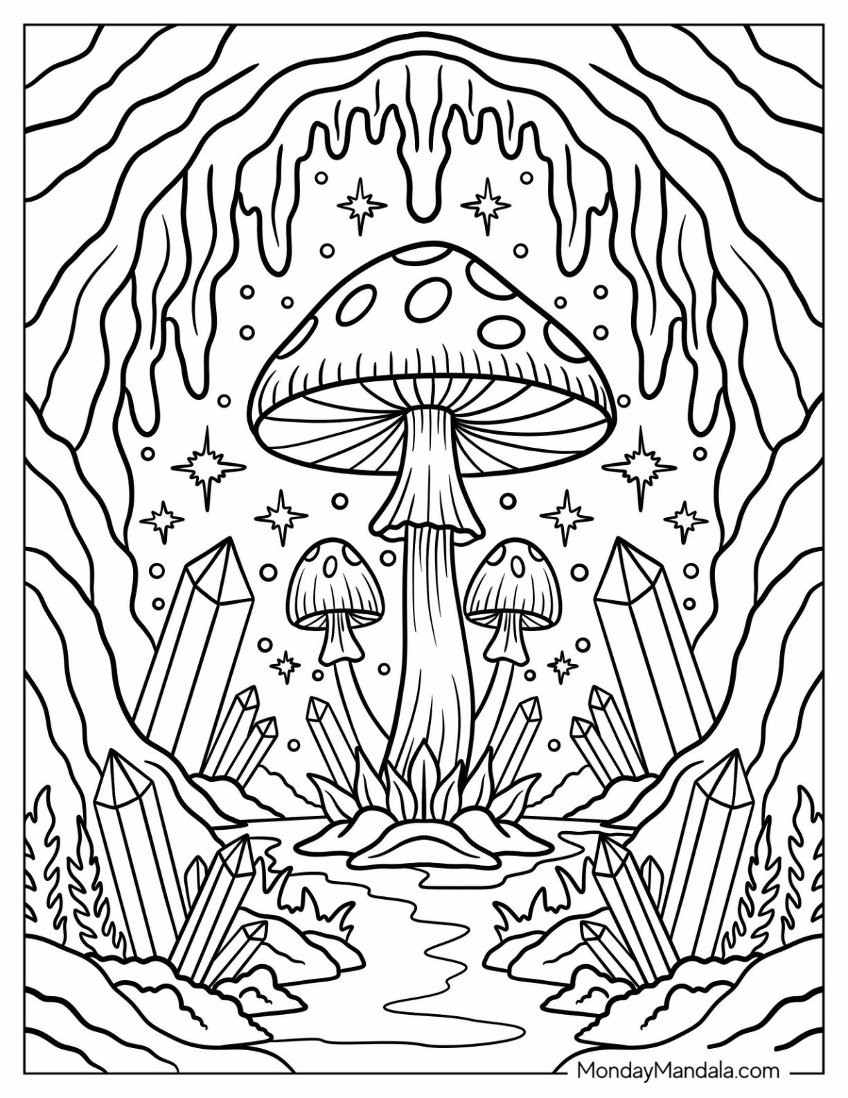 Crystal Cave with Glowing Mushrooms and Stalactites