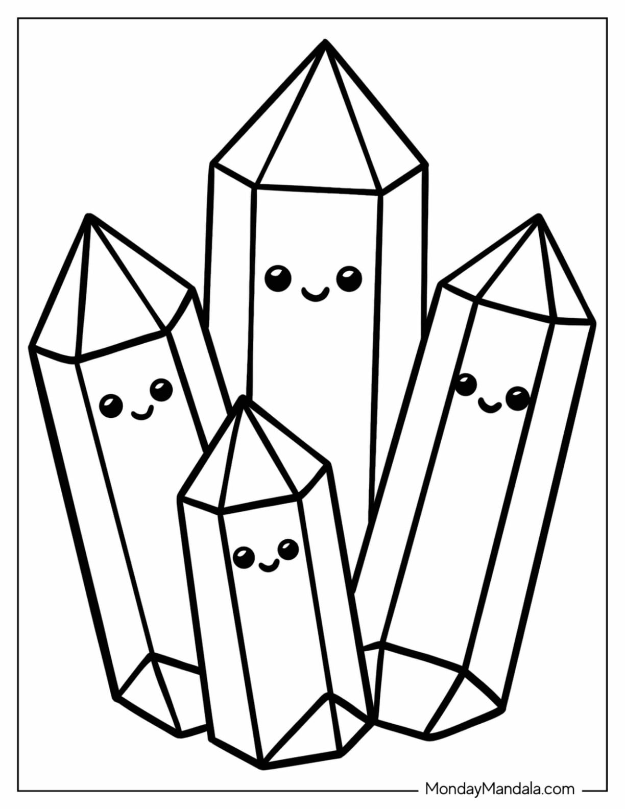 Crystal Cluster with Four Smiling Crystals Coloring Page for Preschoolers