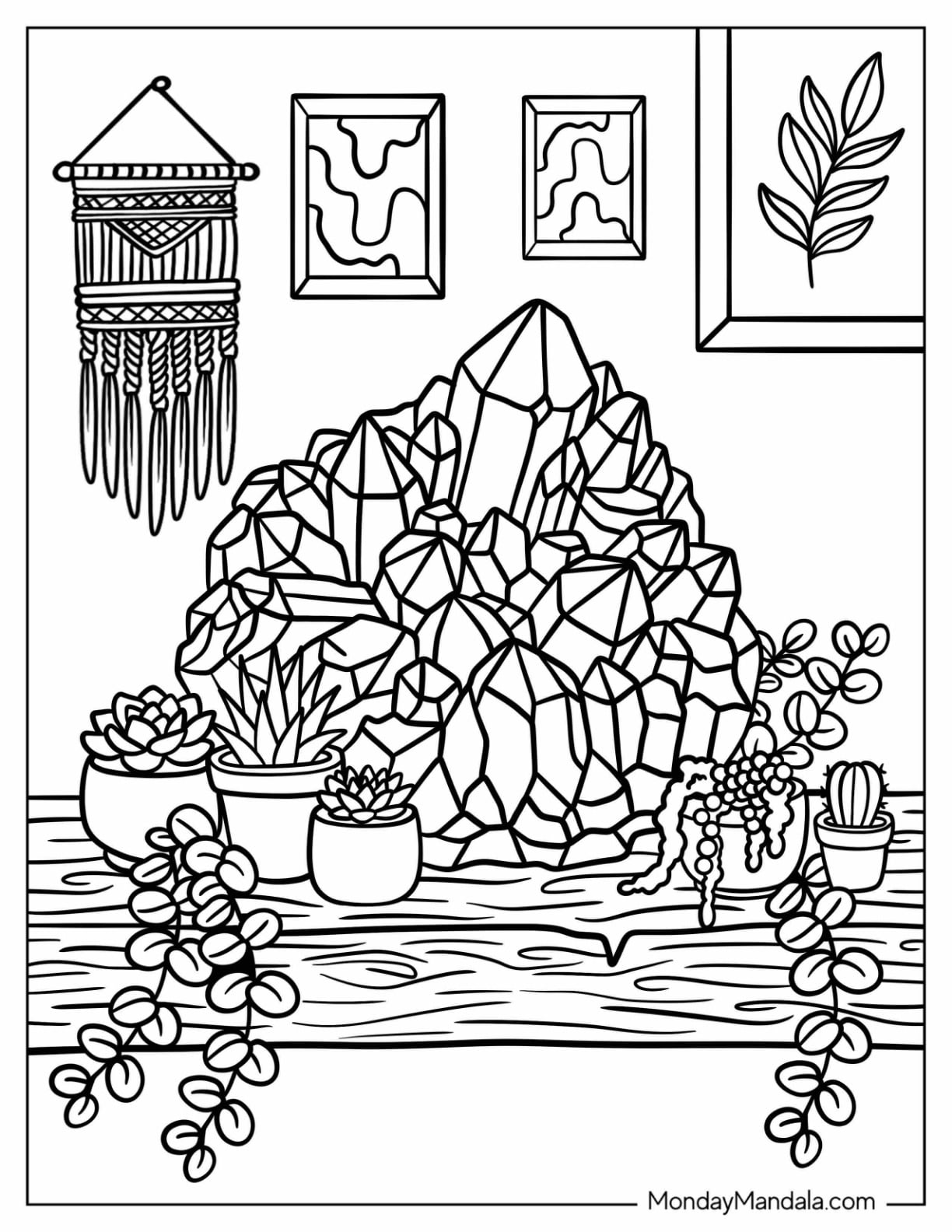 Crystal Cluster with Succulents and Boho Decor Coloring Sheet