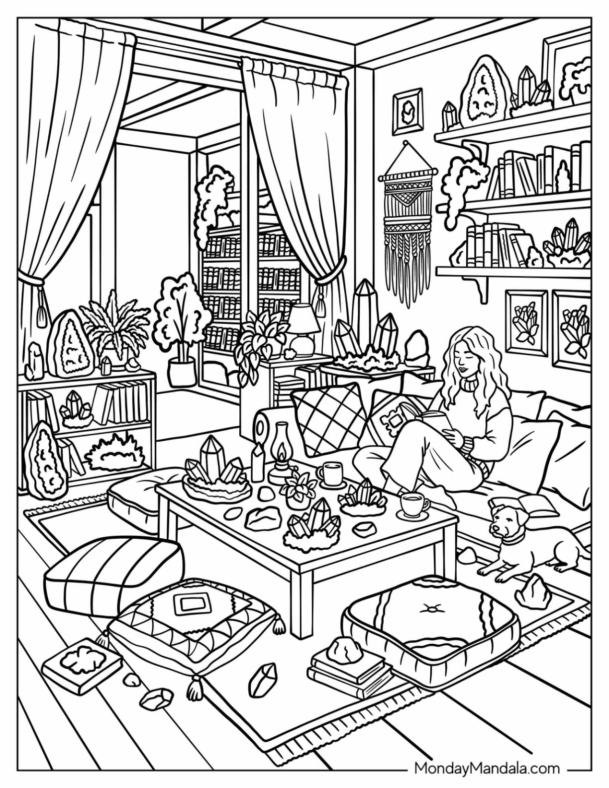 Crystal Collection Living Room with Woman and Crystals Coloring Sheet