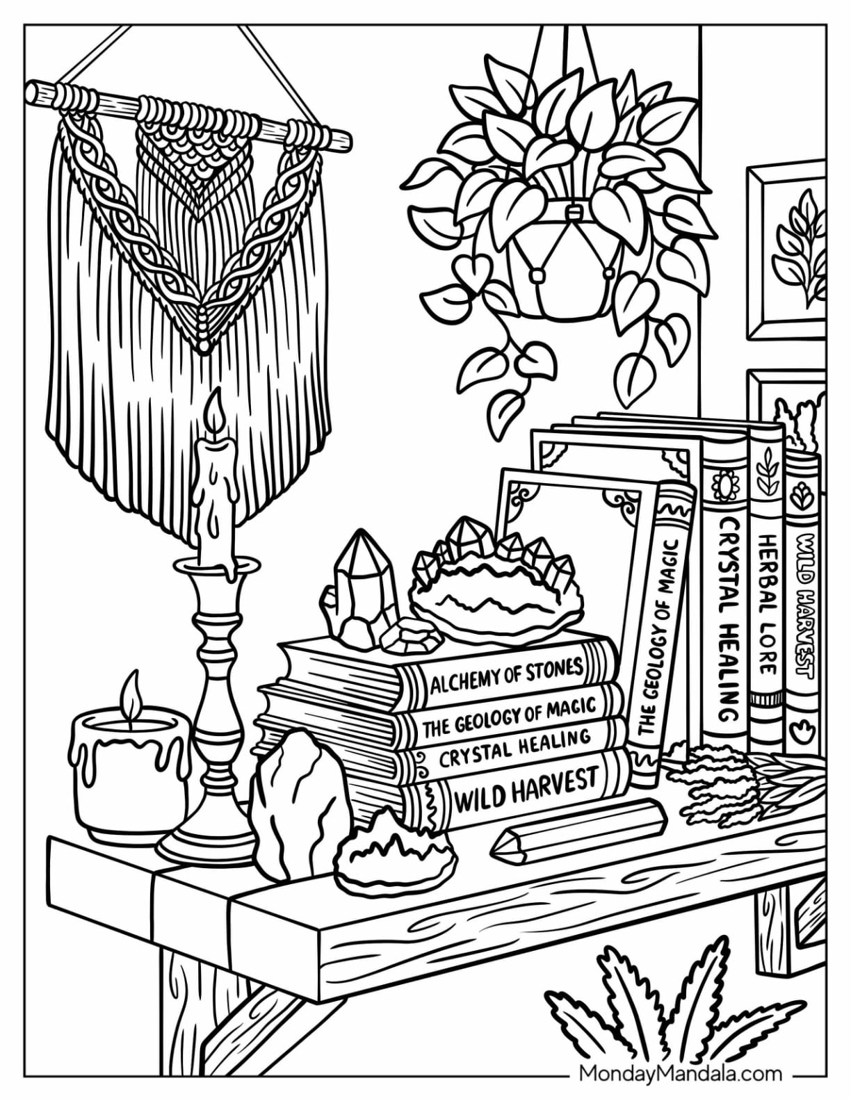 Crystal Collection Shelf with Books, Geodes, and Macramé Decor Coloring Sheet