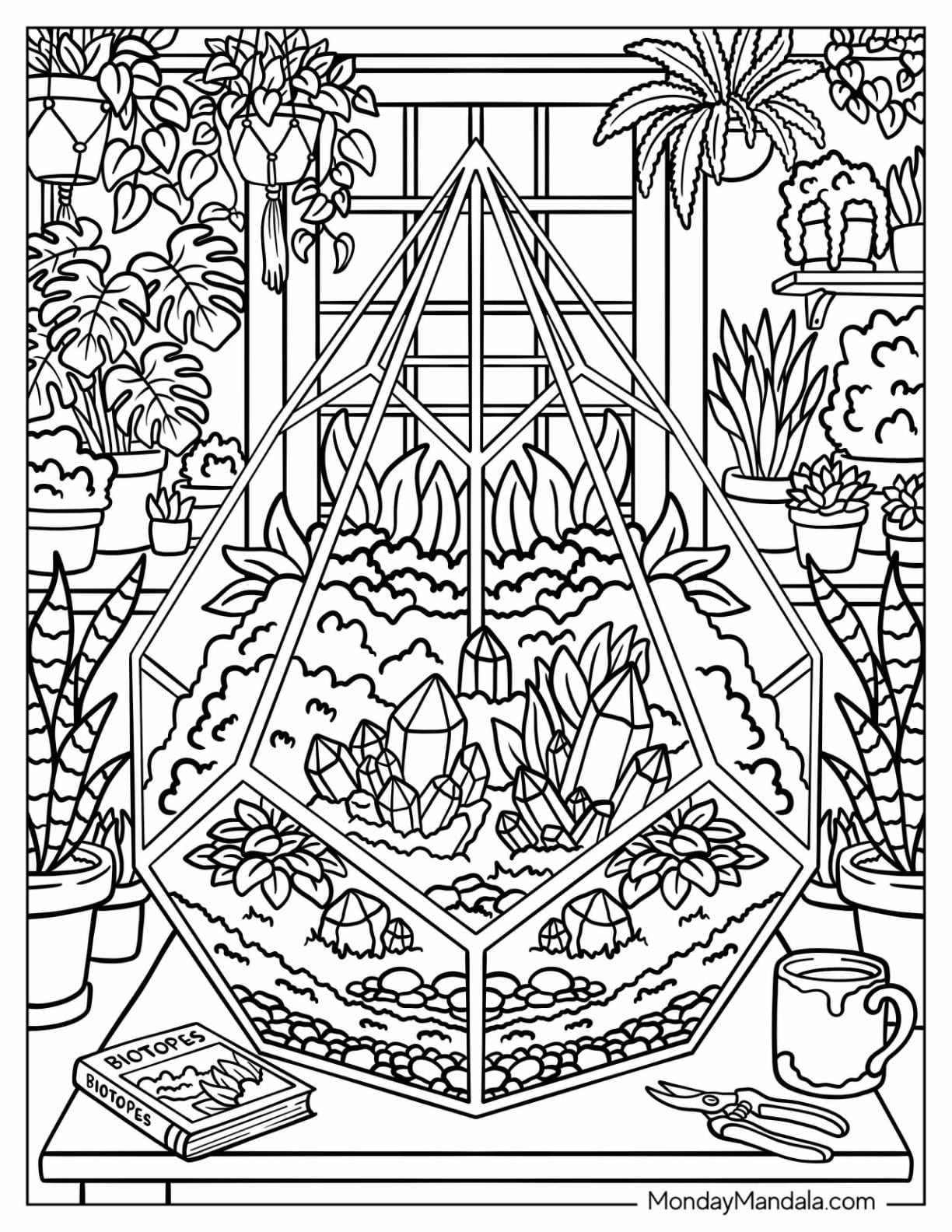 Crystal Terrarium with Succulents and Houseplants Coloring Page