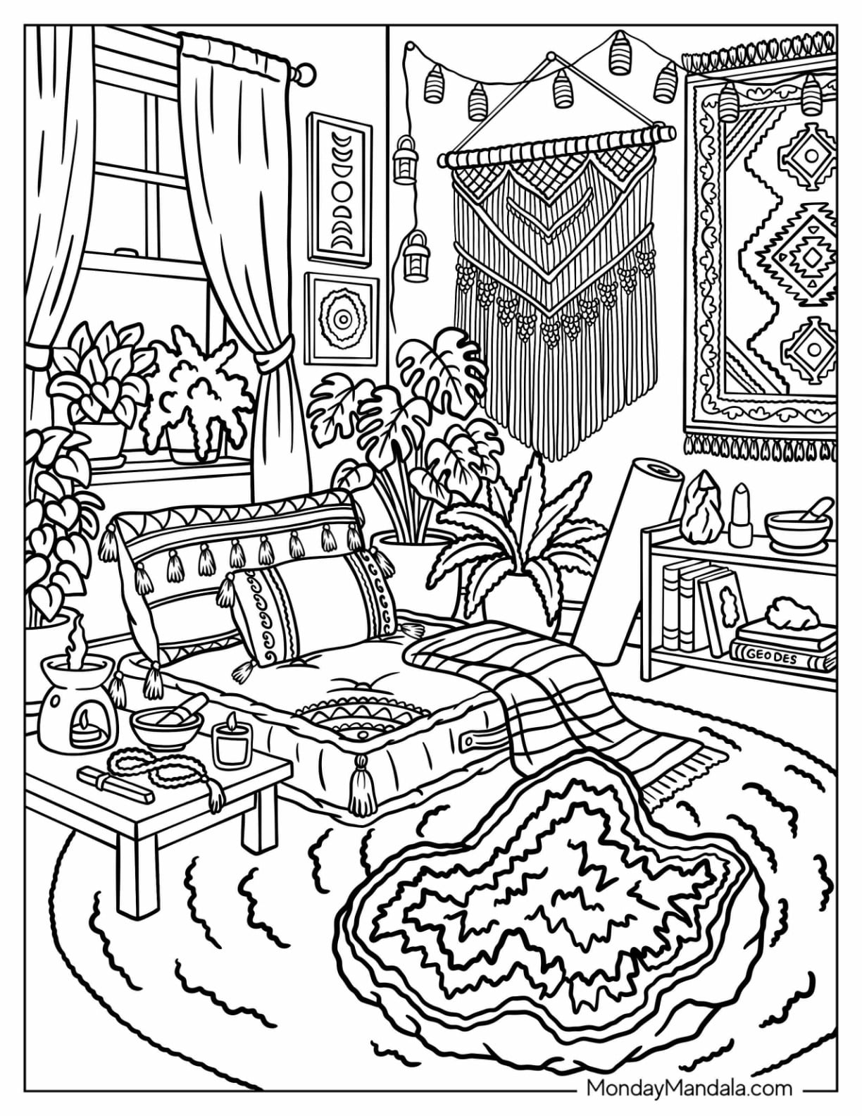 Crystal Themed Boho Bedroom with Geode Rug Coloring Page