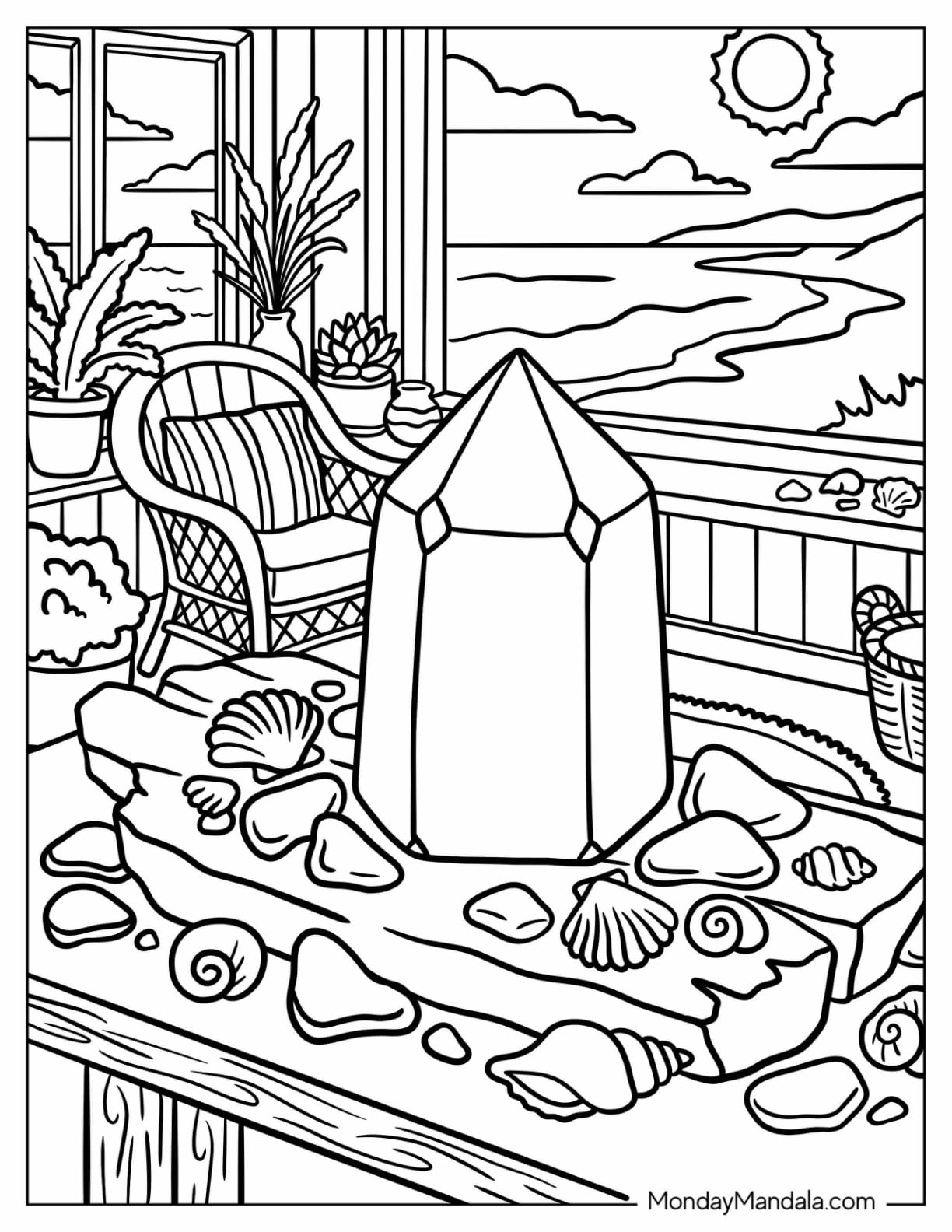 Crystal by the Seaside with Seashells and Ocean View Coloring Page