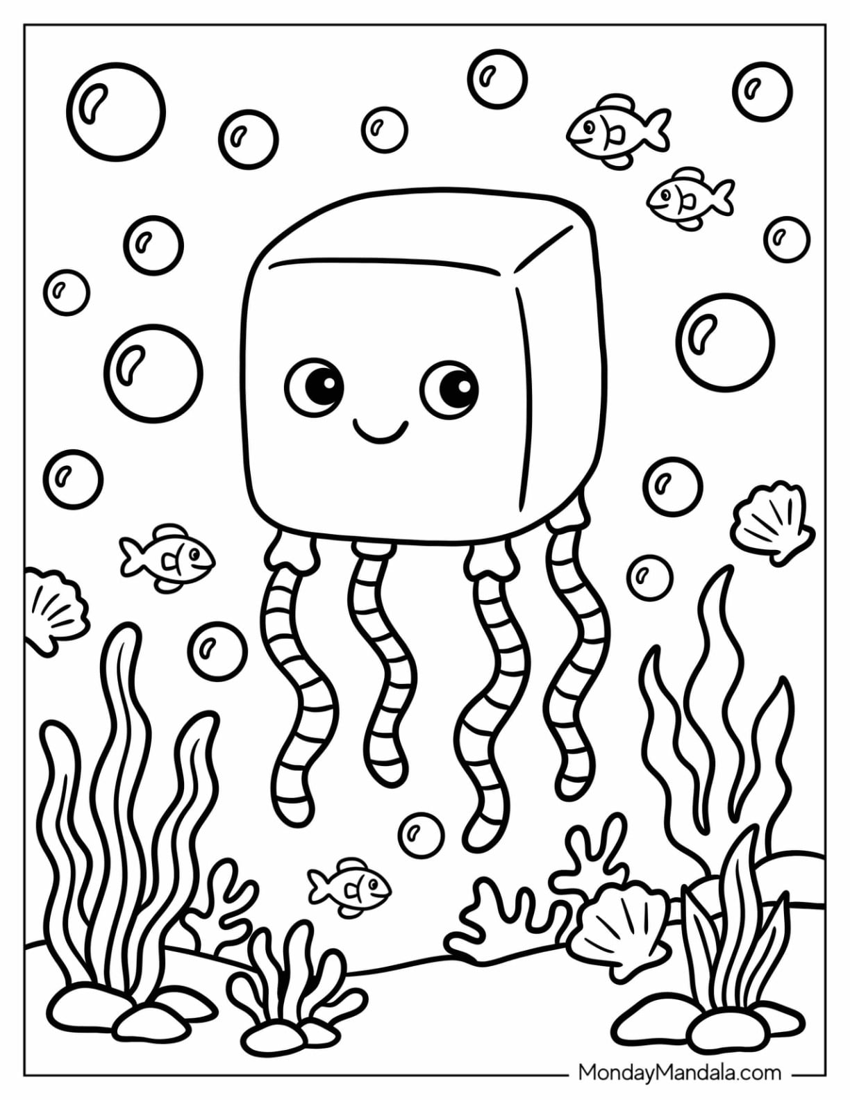 Cube Jellyfish with Seaweed and Bubbles