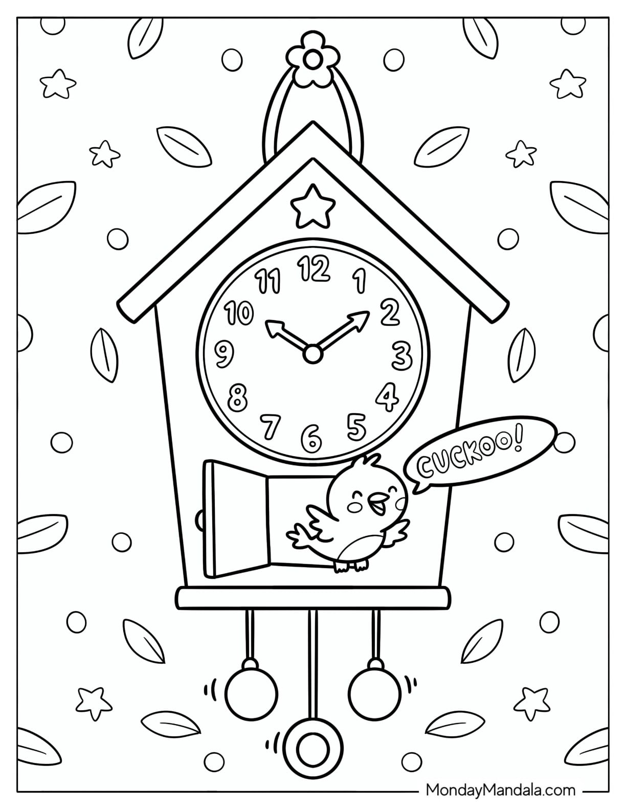 Cuckoo Bird Emerging from a Leafy Pendulum Clock Coloring Page
