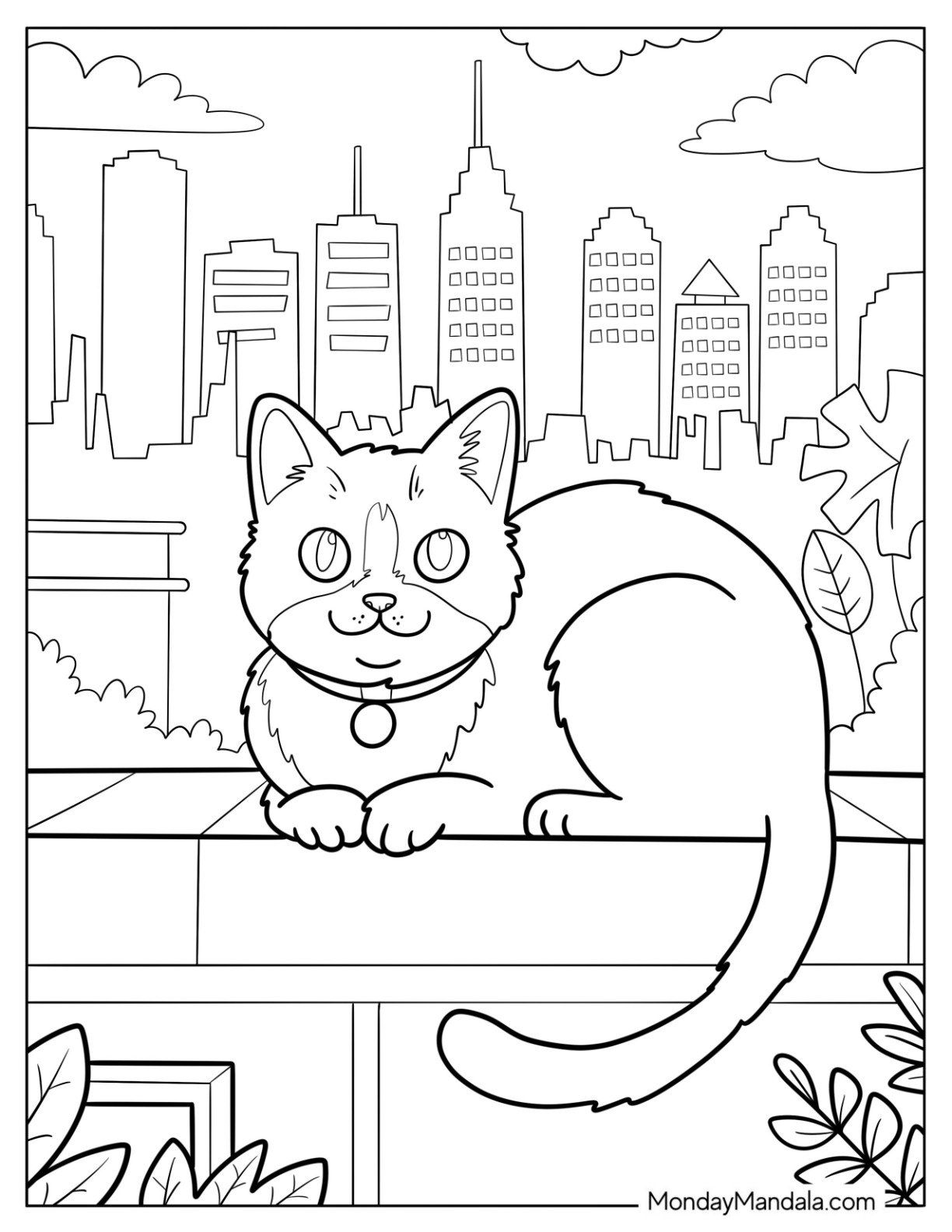 Curious Cat Coloring Page Sitting on a Rooftop with City Skyline