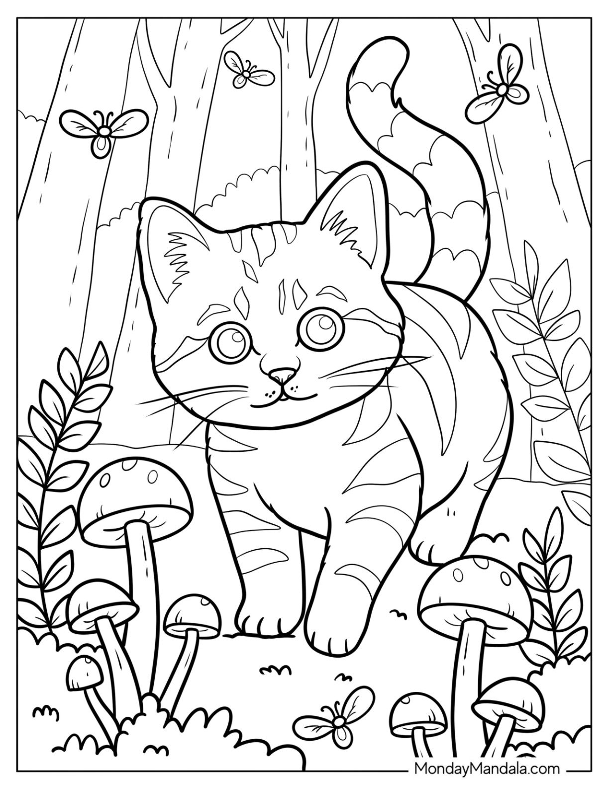 Curious Cat Coloring Page Sniffing Mushrooms in the Forest