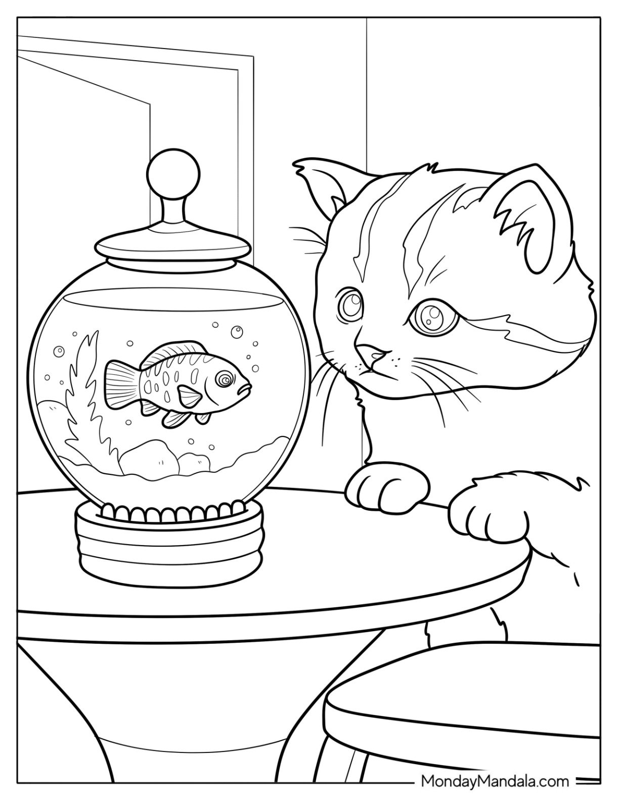 Fish Coloring Page of Curious Cat Watching A Goldfish in A Bowl