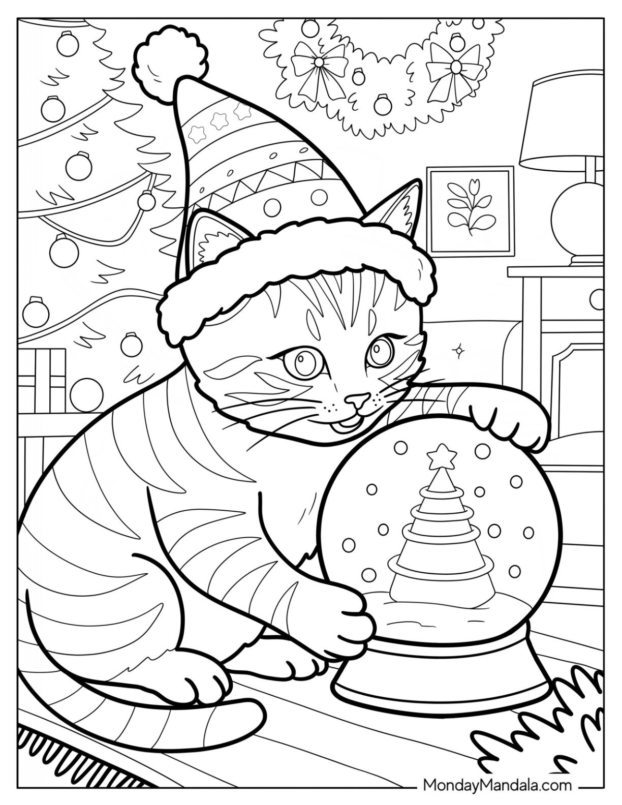 Curious Christmas Cat Coloring Page Gazing Into a Snow Globe