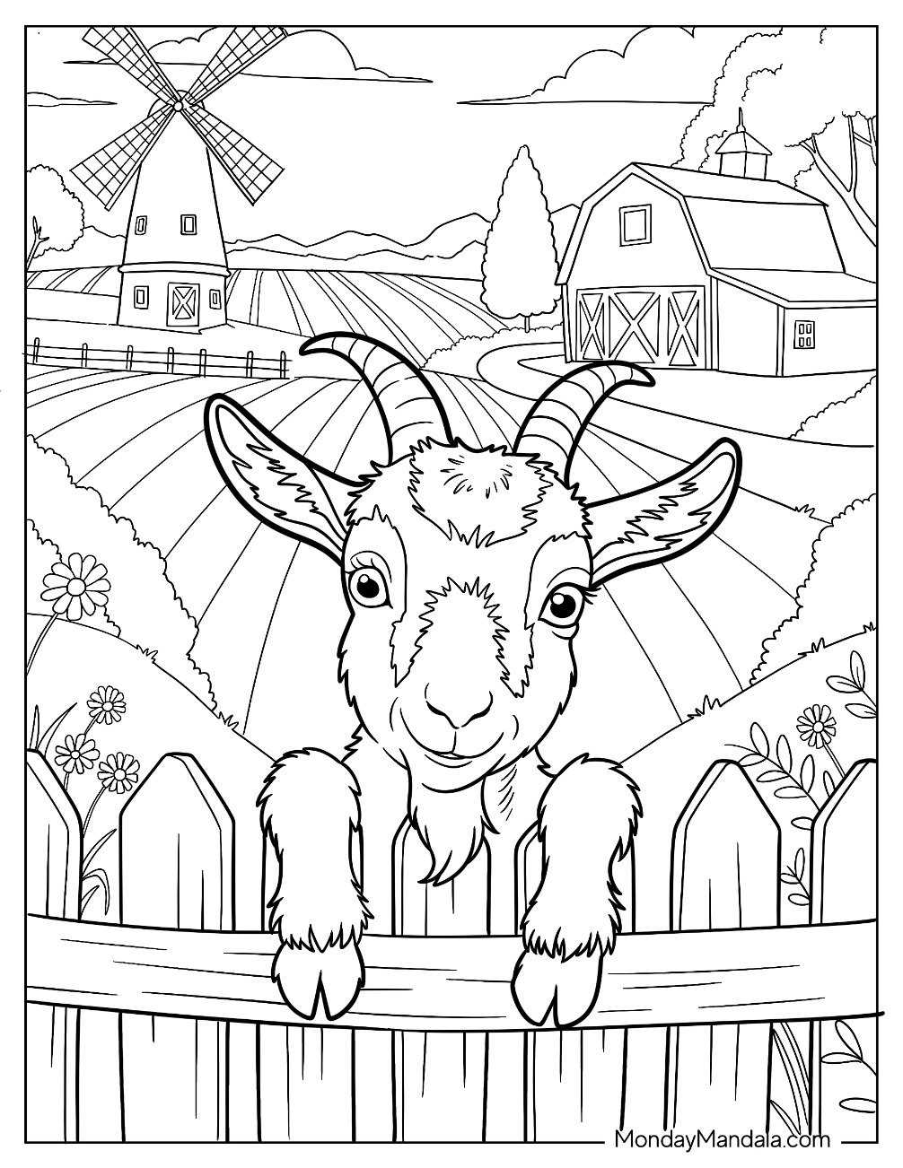 Curious Goat Coloring Page Peeking Over a Wooden Fence on a Sunny Farm Day