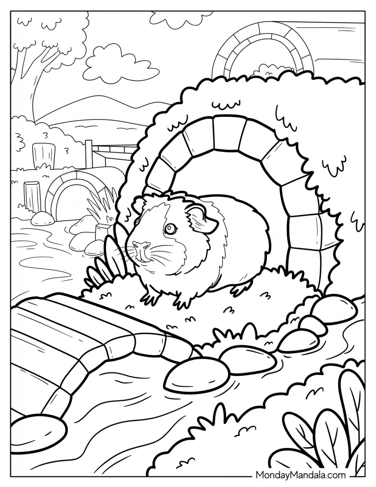 Curious Guinea Pig Coloring Page Under a Garden Tunnel by a Stream