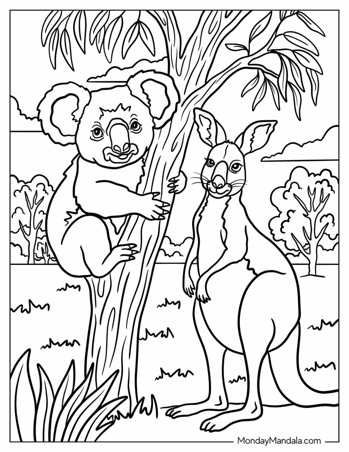 Curious Kangaroo Coloring Page Standing on the Grass Beside a Koala Clinging to a Tree