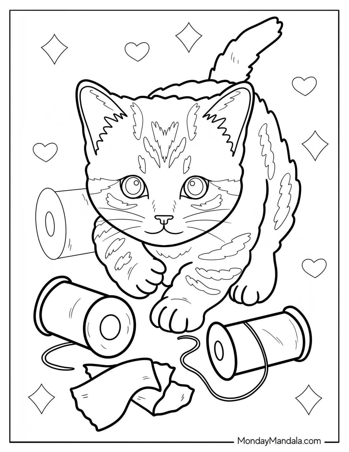 Curious Kitten Coloring Page Playing with Rolls of Threads