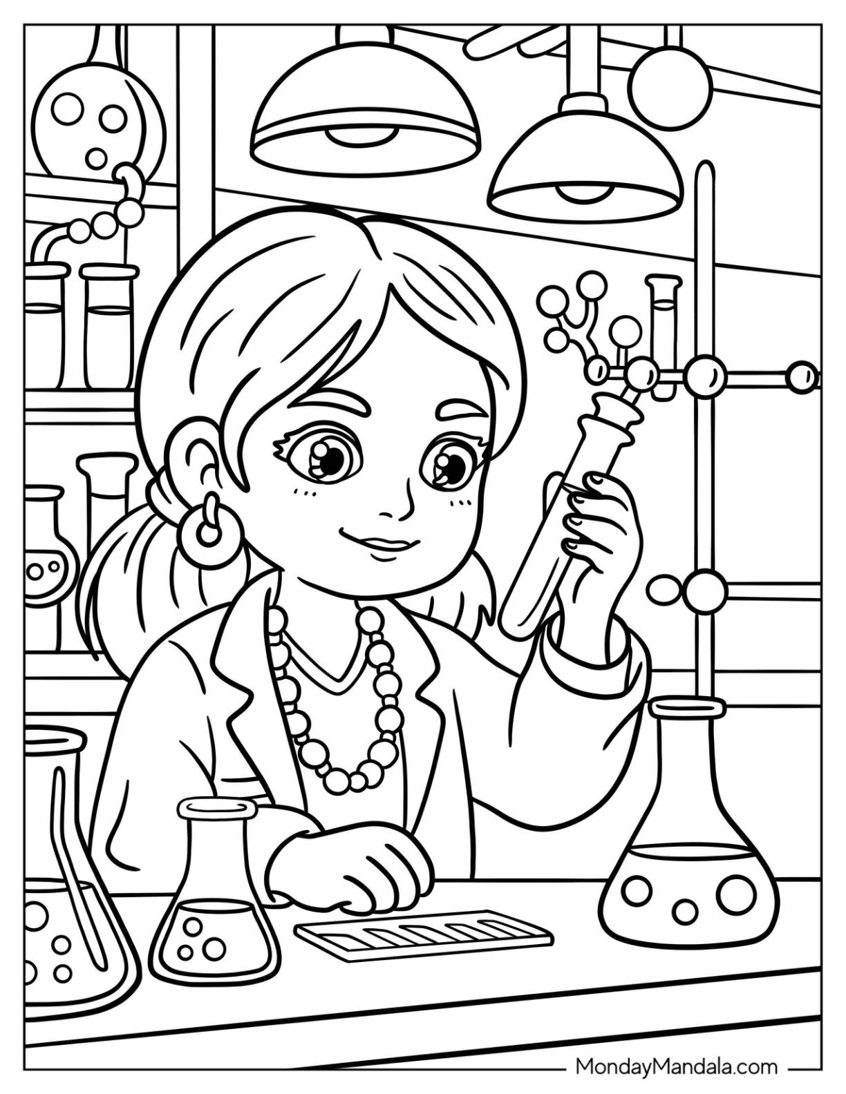 Curious Native American Coloring Page Girl Scientist Mixing Chemicals in Laboratory for Kids