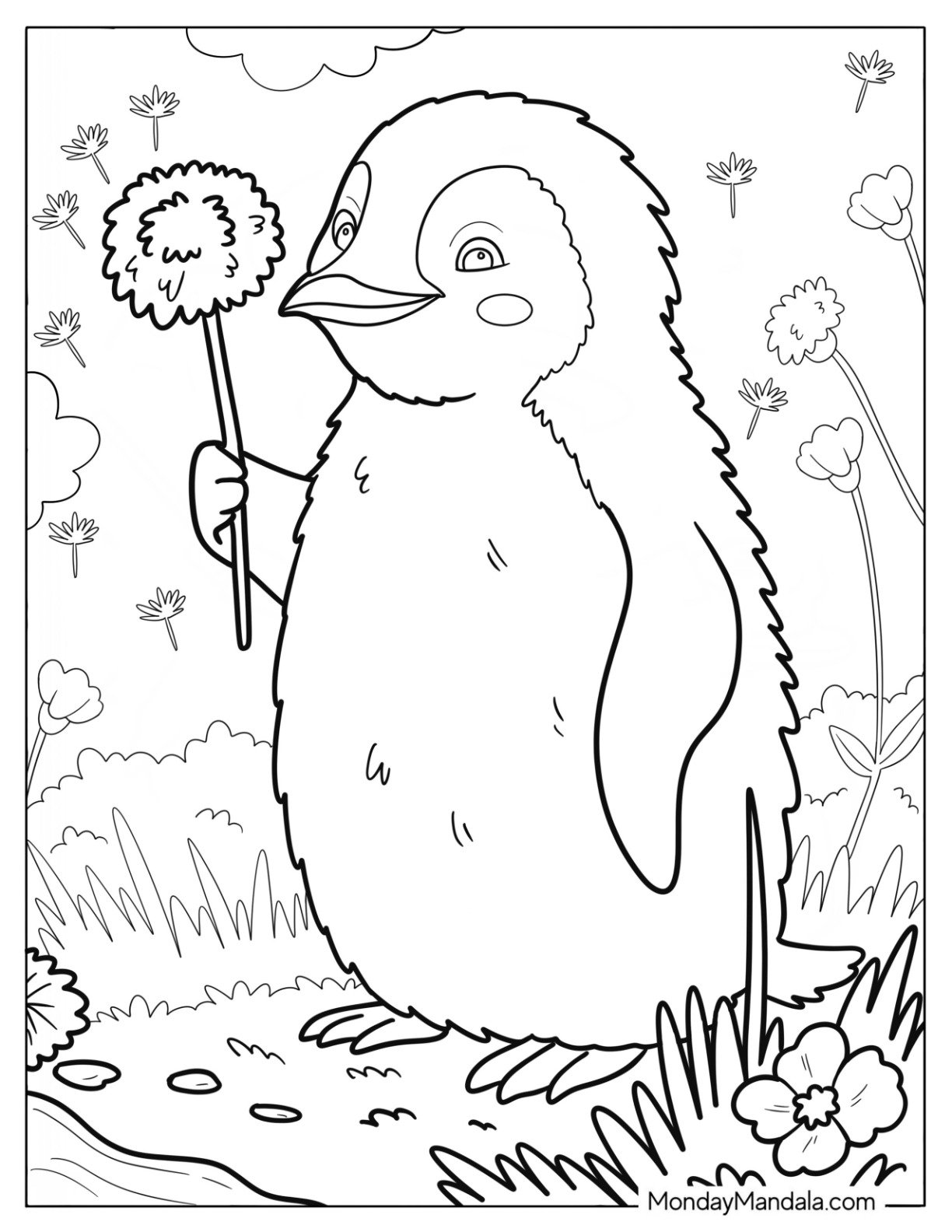 Cute Coloring Page of Curious Penguin Holding a Daffodil