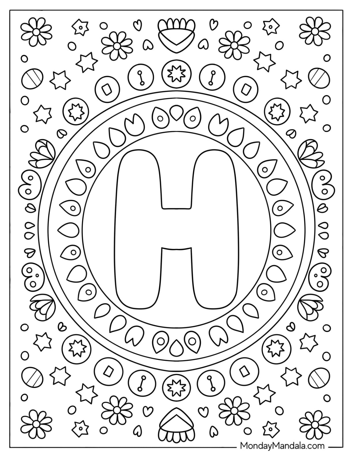 Curvy Big Letter H Coloring Page Inside a Circle with Flowers, Raindrops, and Stars