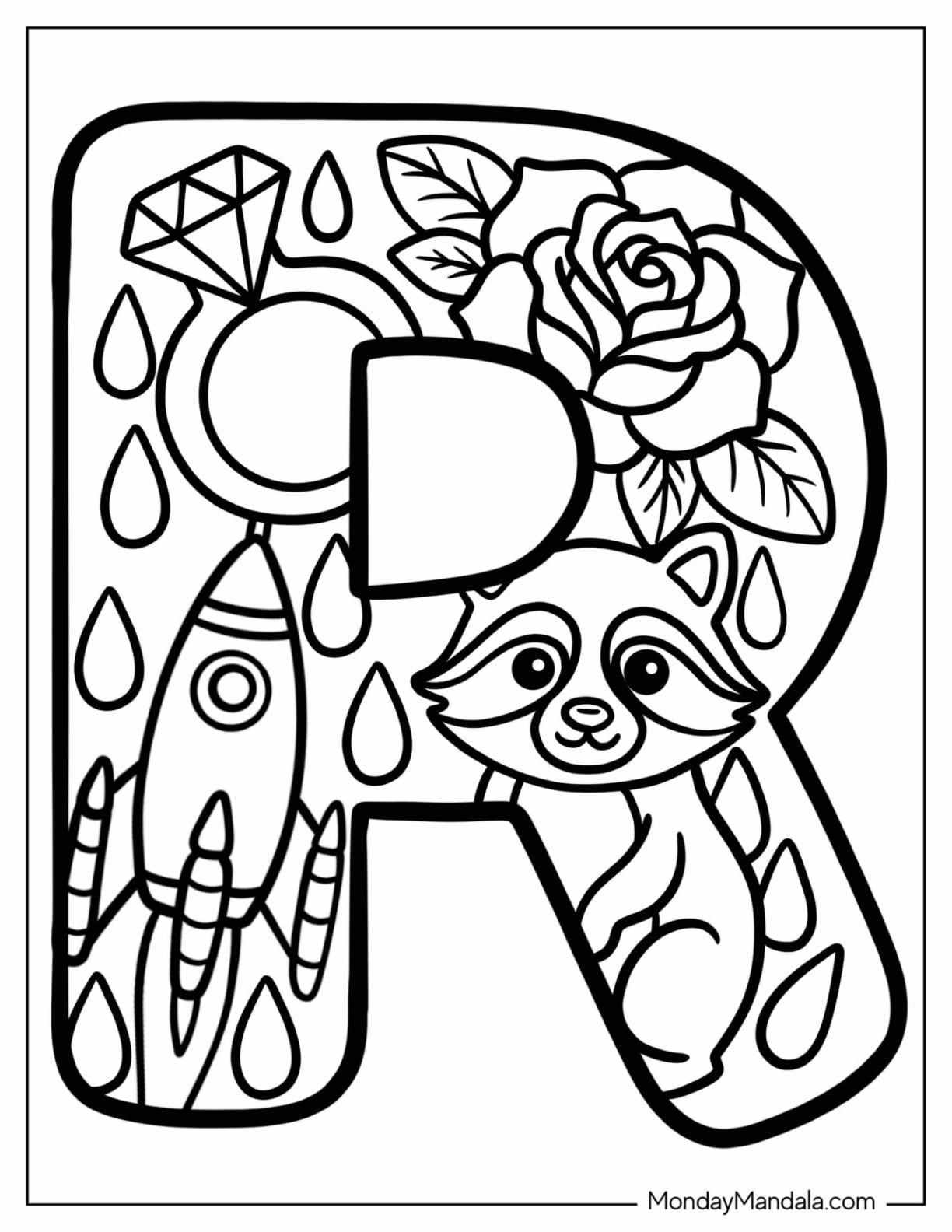 Curvy Big Letter R Coloring Page with Ring, Rose, Rain, and Raccoon