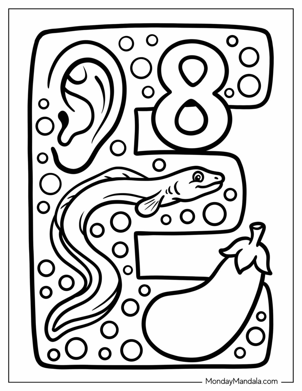 Curvy Letter E Coloring Page with Eight, Ear, Eggplant, and Eel for Kids