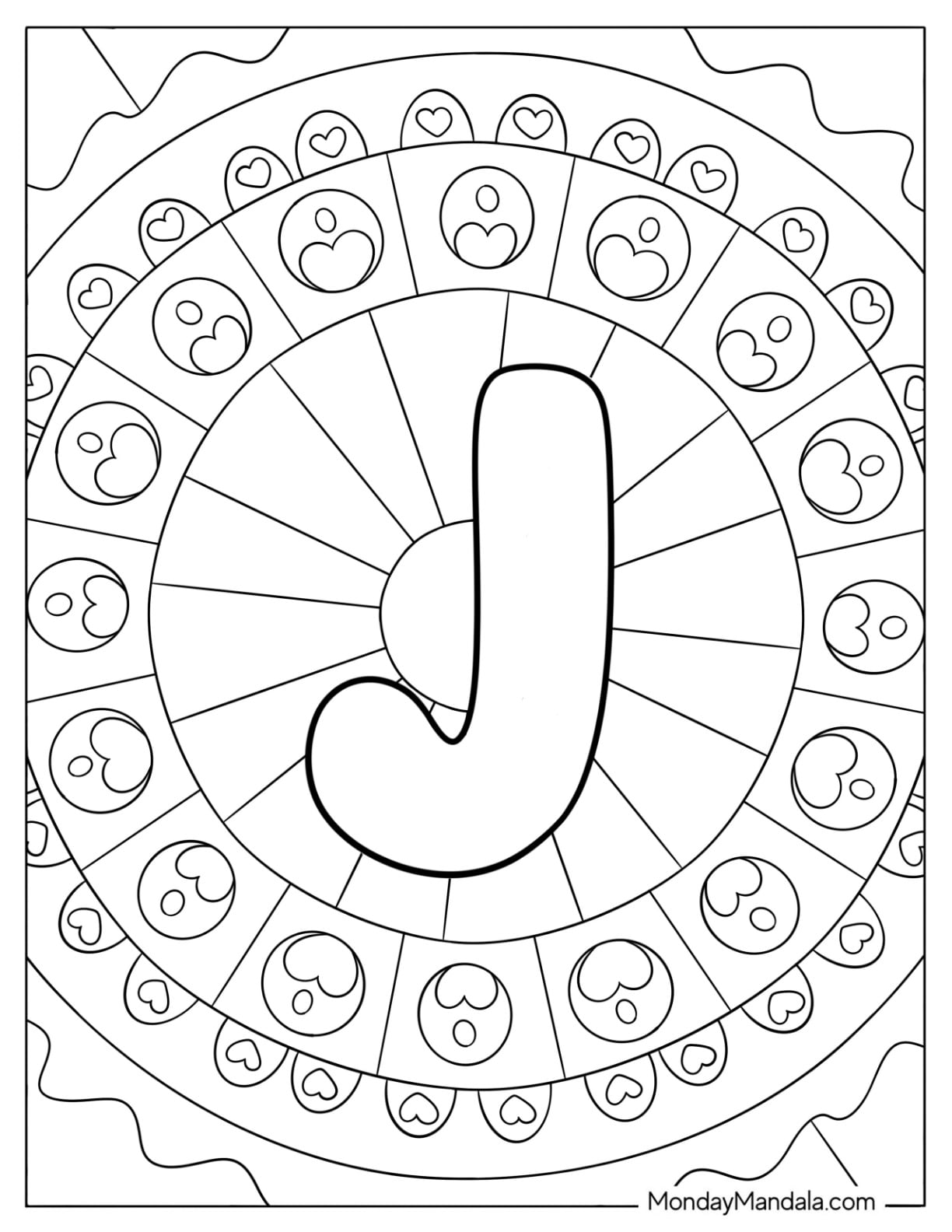 Curvy Letter J Coloring Page Inside a Mandala with Hearts for Kids