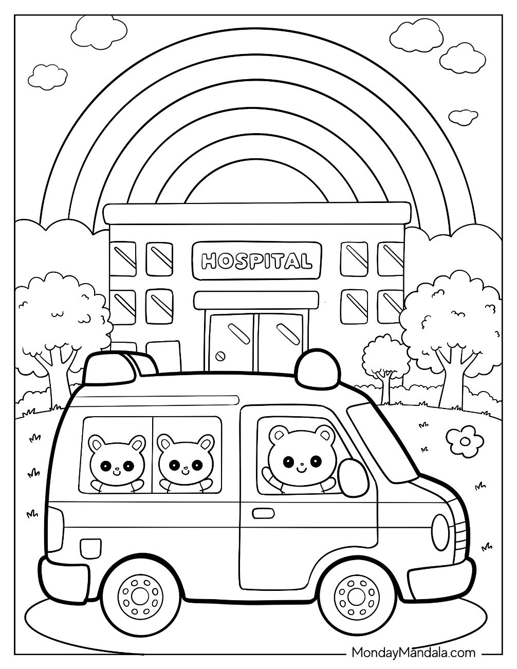 Cute Animal Ambulance Coloring Page in Front of Hospital with Rainbow for Kids