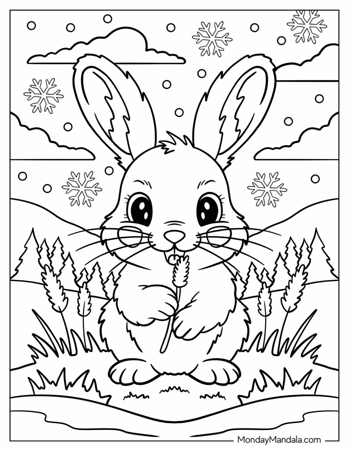 Arctic Animals Coloring Page of Cute Hare Holding Grass in Snowy Meadow