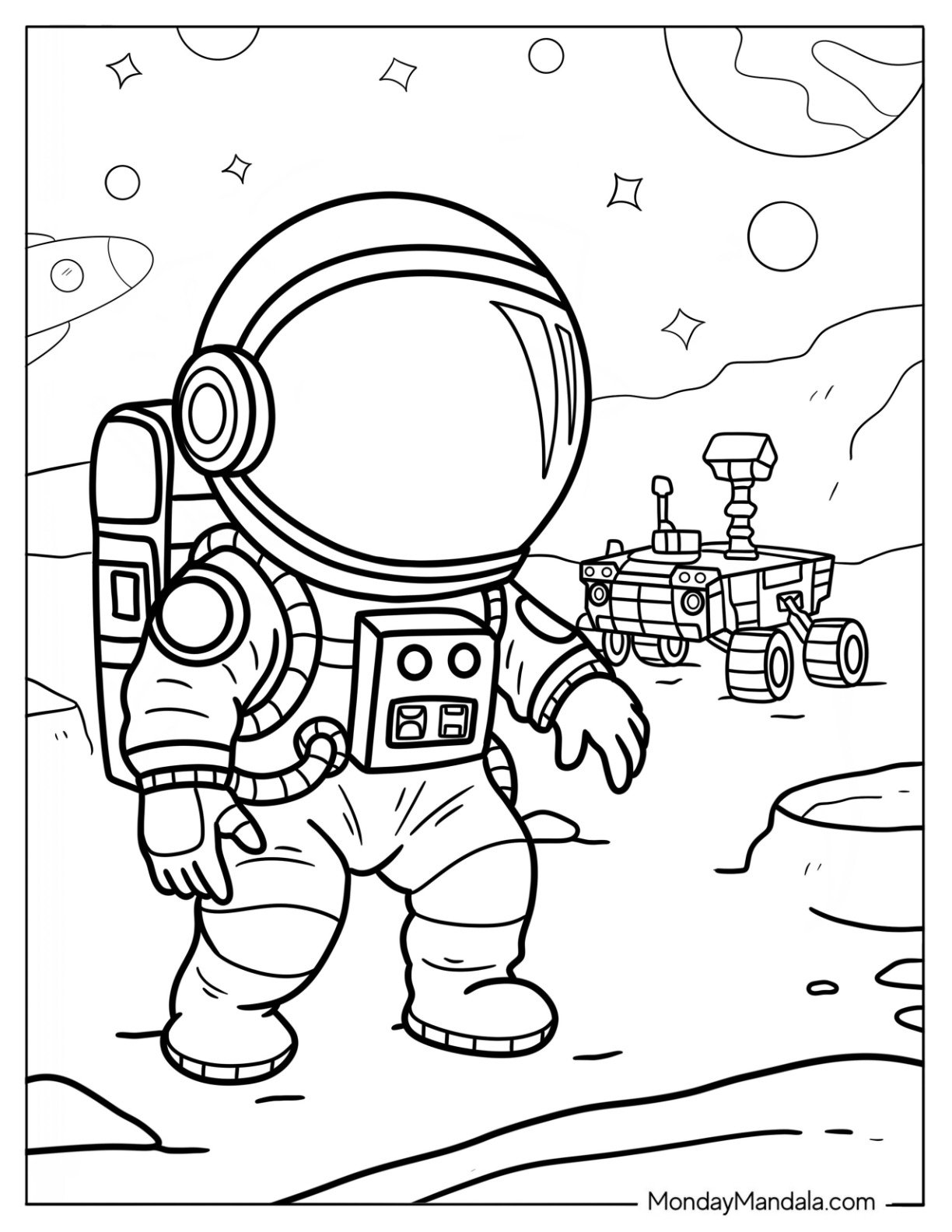 Cute Astronaut Walking Near Robotic Rover on Alien Planet Surface Coloring Sheet For Preschoolers