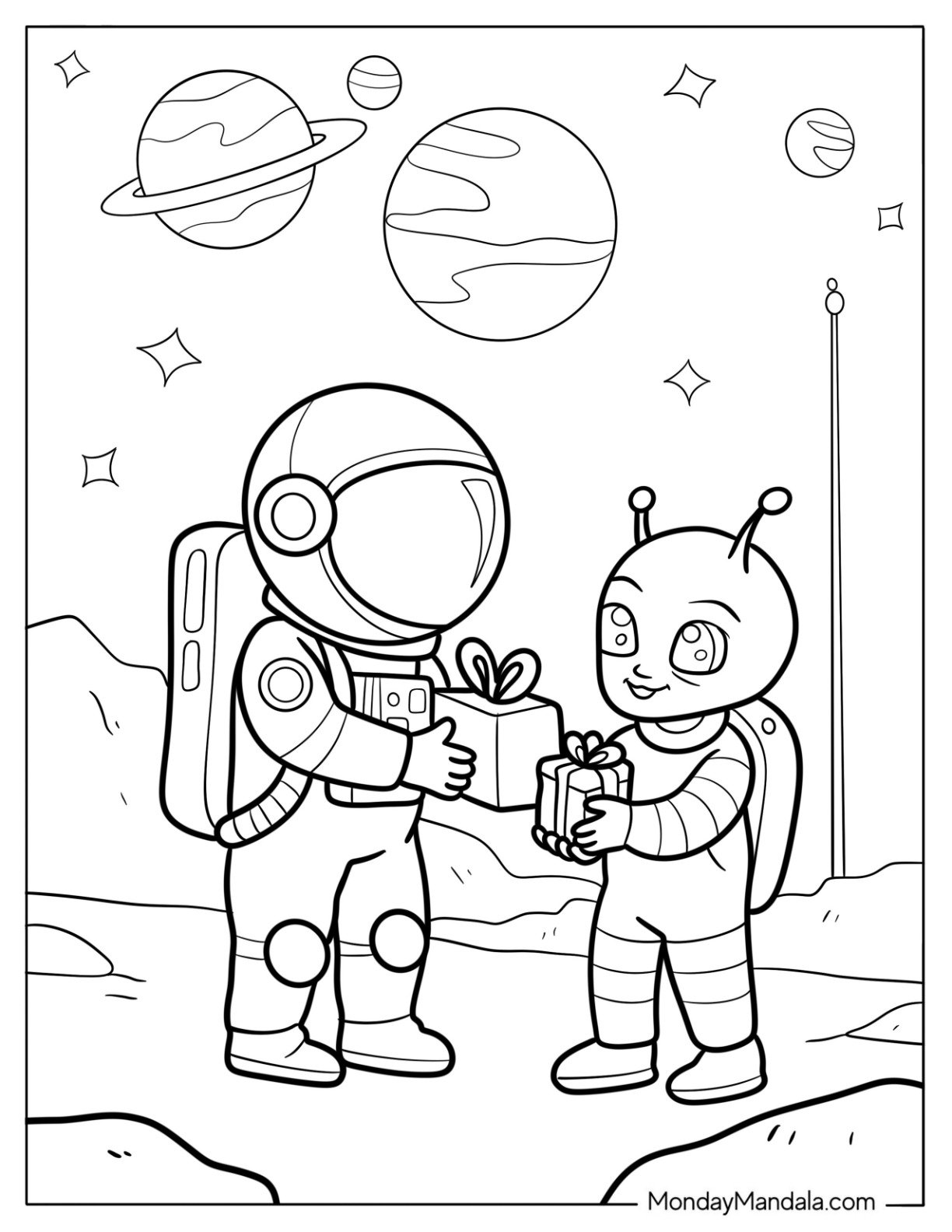 Cute Astronaut and Alien Exchanging Gifts on Distant Planet Coloring Page For Kids