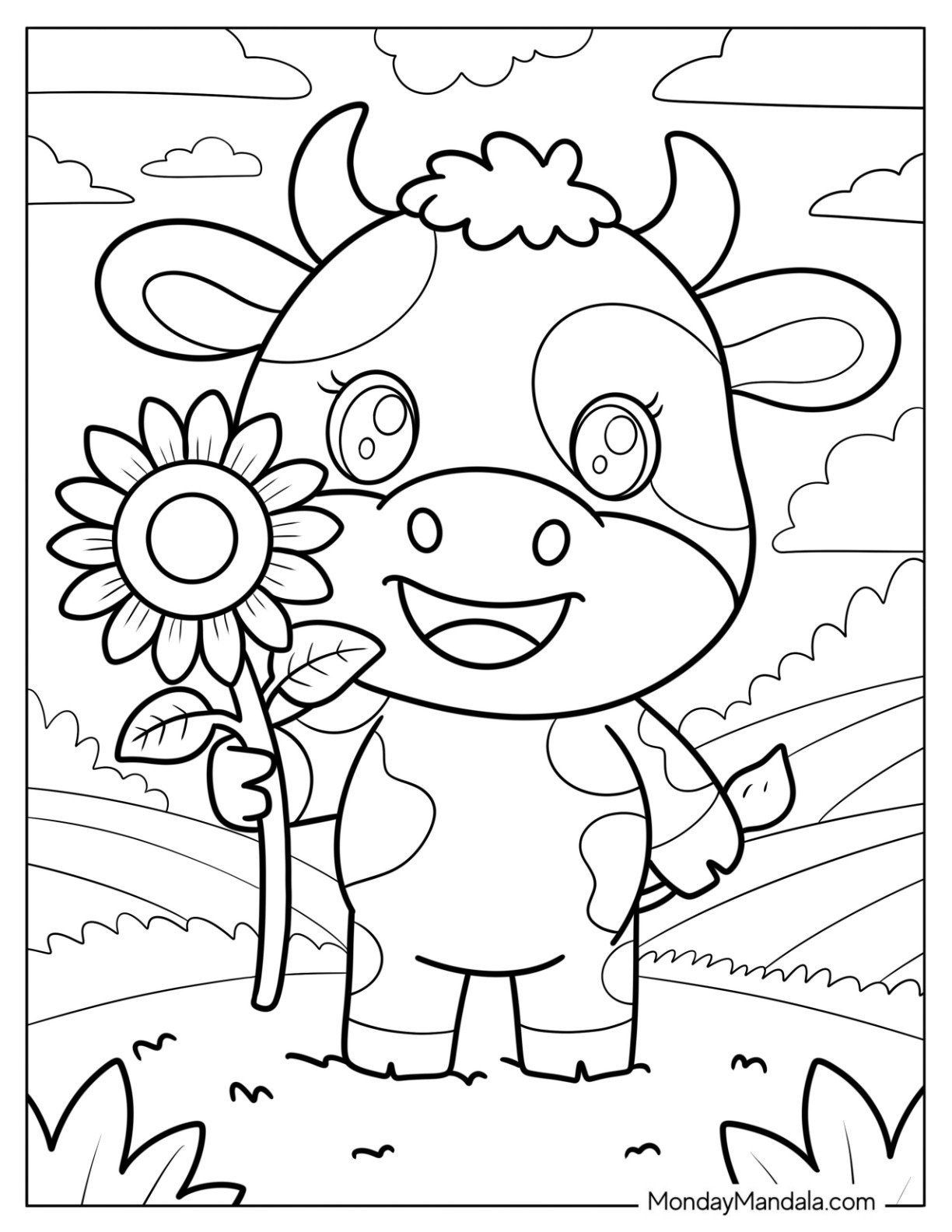 Cute Baby Cow Coloring Page In The Countryside Holding A Flower for Preschoolers