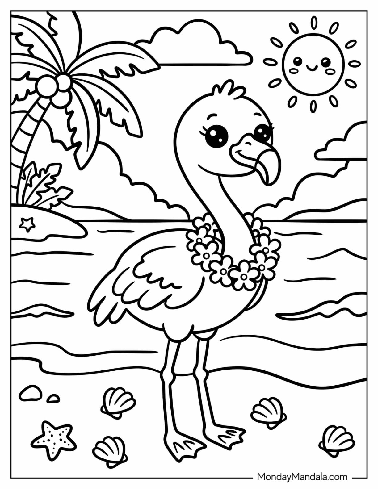 Cute Baby Flamingo with Flower Necklace at the Beach Coloring Page