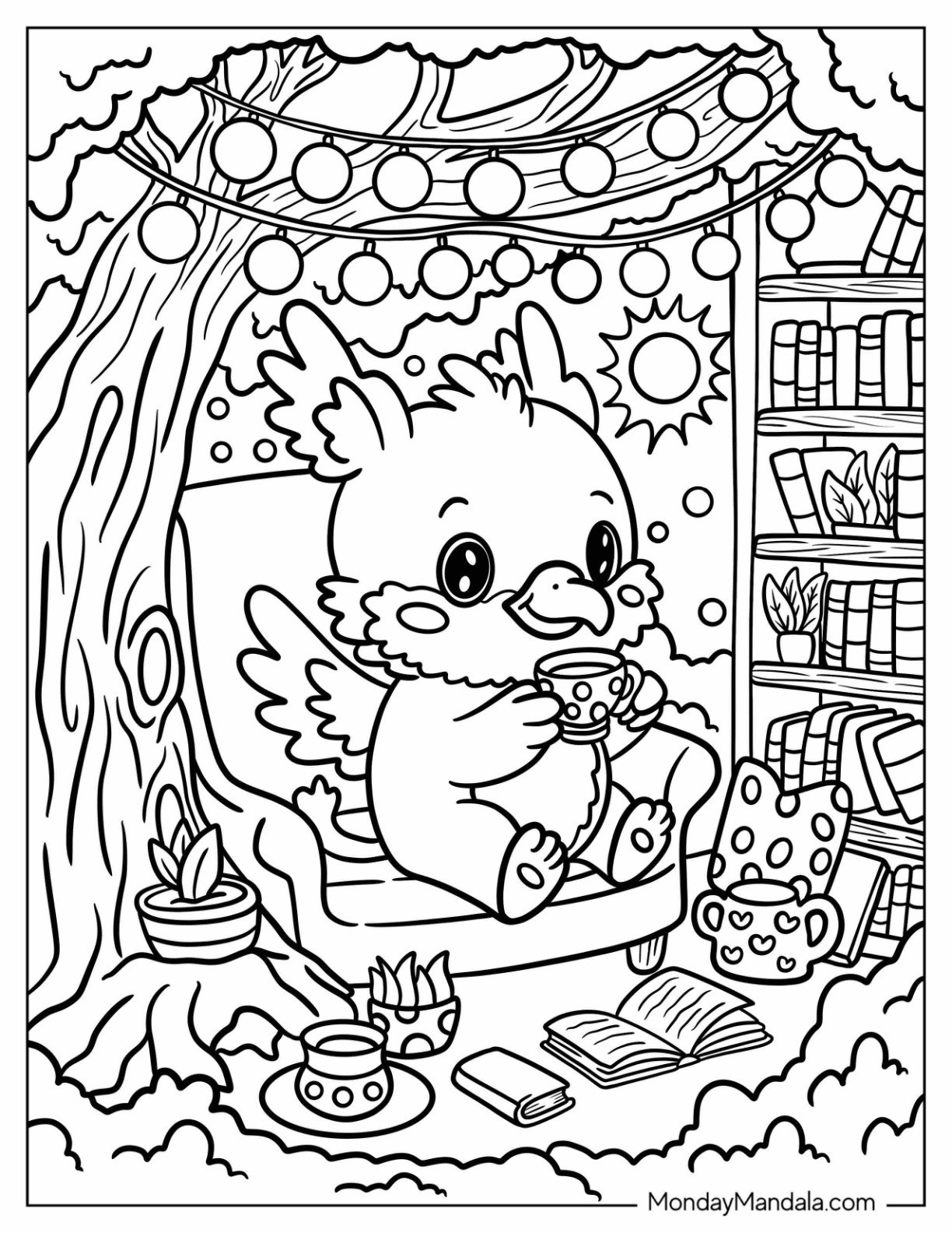 Cute Baby Griffin Coloring Page Drinking Tea in Cozy Reading Nook for Kids