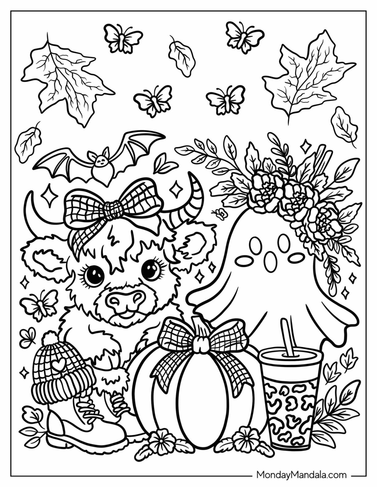 Autumn & Fall Coloring Page of Cute Baby Highland Cow with Bow, Pumpkin, and Ghost Friend for Adults