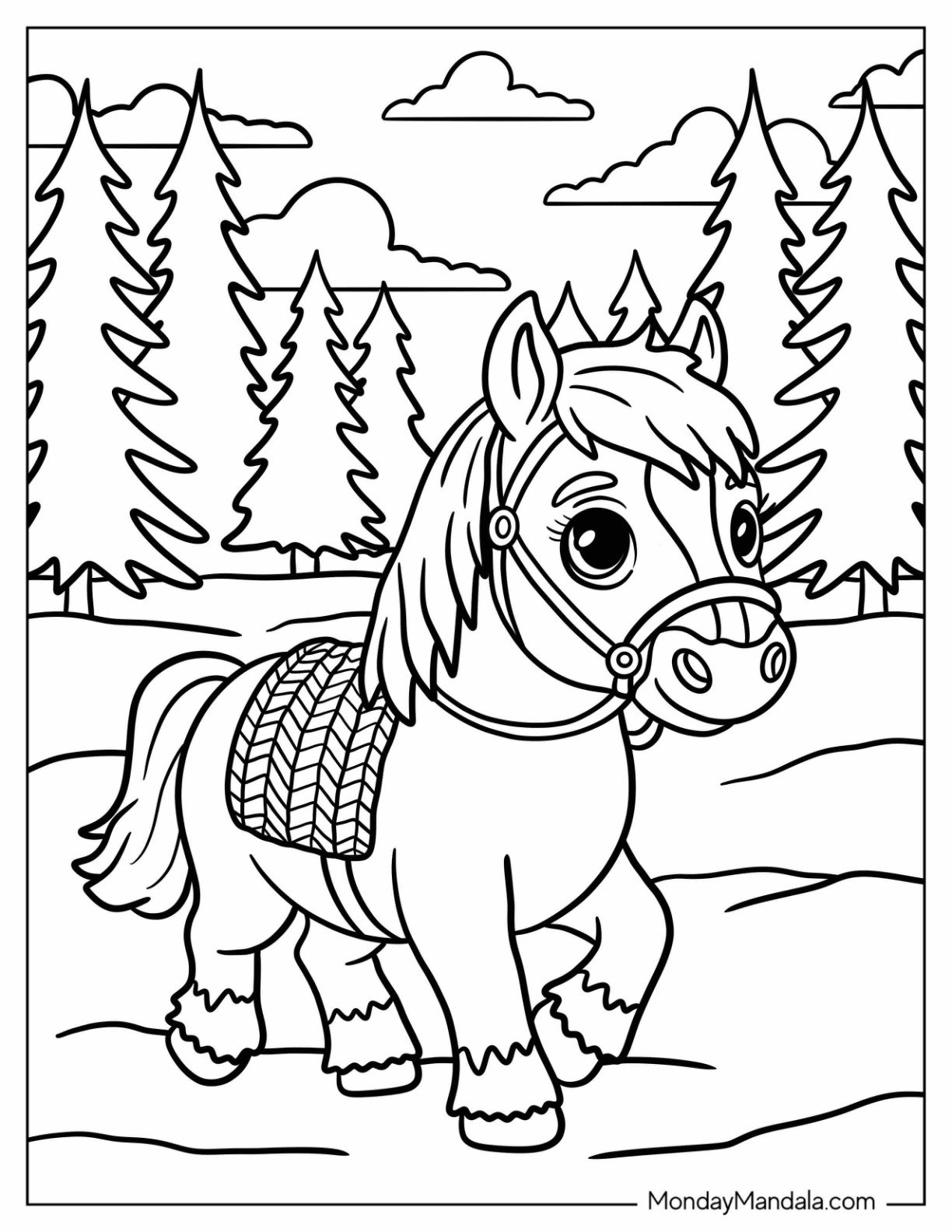Cute Baby Horse Coloring Page with Horse Harness Trotting in a Forest for Kids