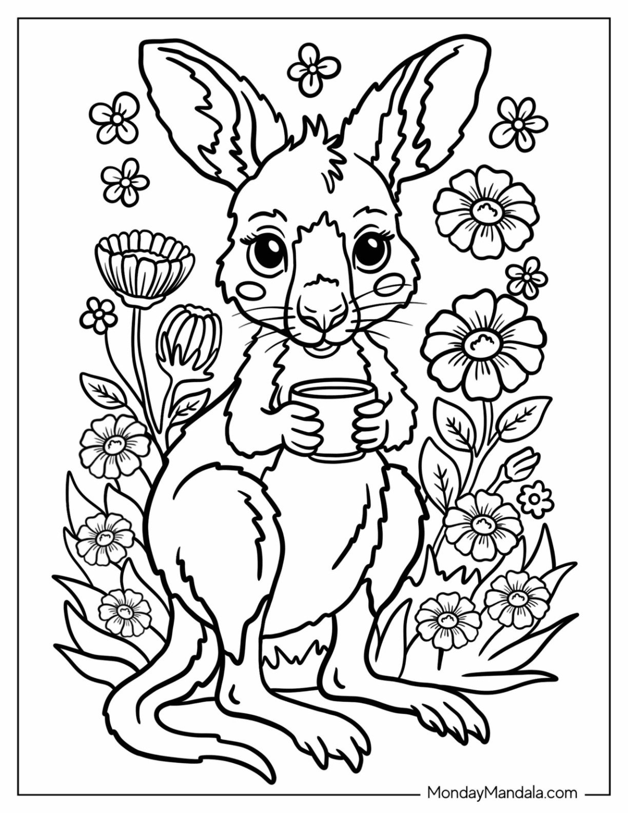 Cute Baby Kangaroo Coloring Page Holding a Cup Surrounded by Flowers for Kids