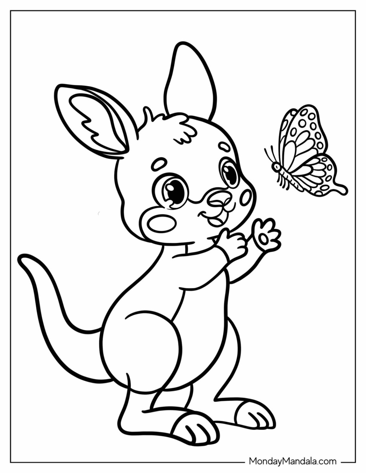Cute Baby Kangaroo Coloring Page Playing with a Butterfly for Preschoolers
